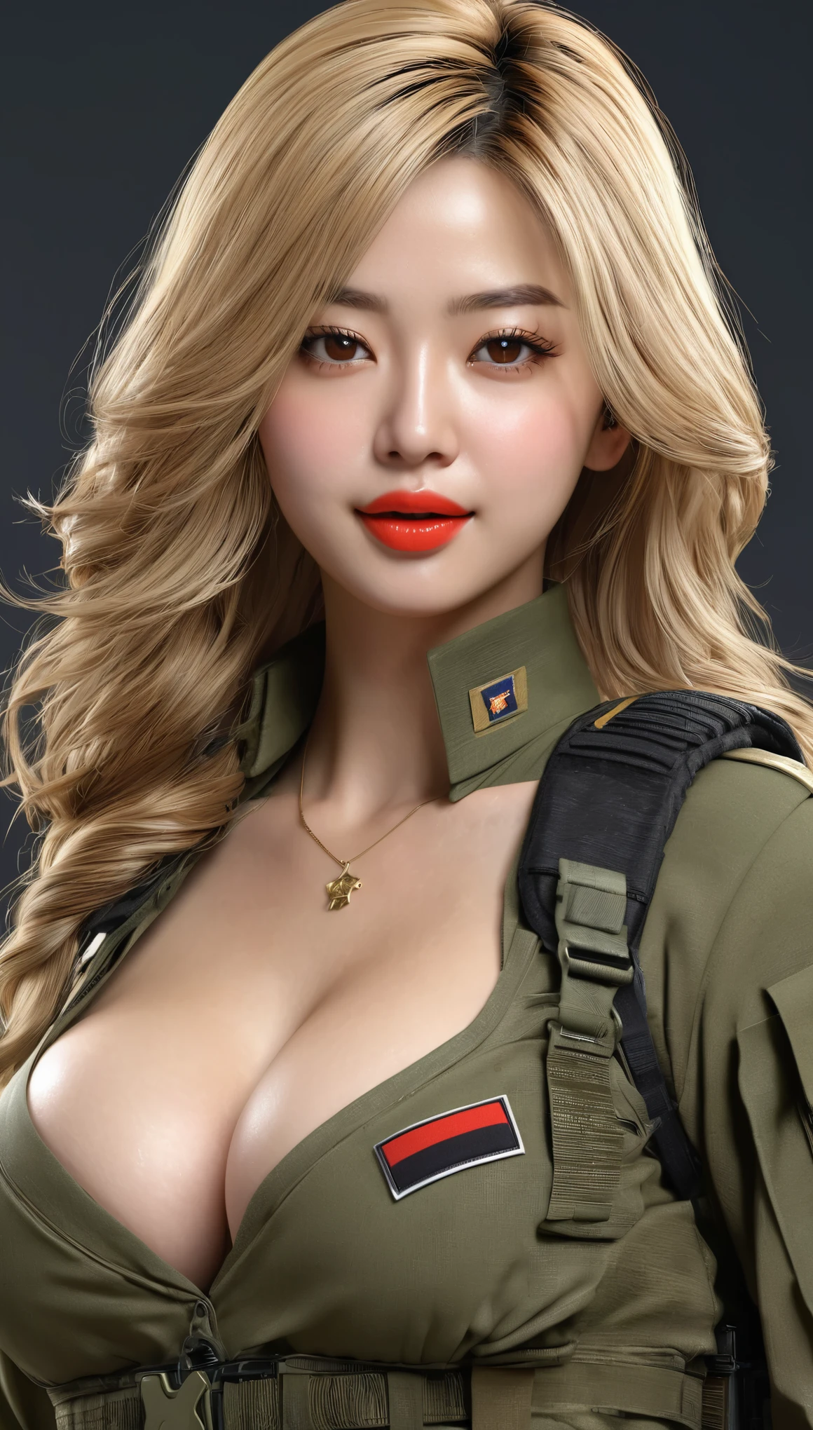 (((hyper real)))、超未来的なfemale soldier、陸軍female soldier、Beautiful woman　High level image quality　High resolution　realistic　blonde woman、mature woman、((big big tits))、Fine skin texture、超High resolution、realistic、plump body shape、smile、中年Beautiful woman、beautiful expression 、fine brown eyes、fluffy long hair、非常に繊細でFine skin texture、３５army soldier woman、(Very futuristic huge computer room)、female soldier、big cleavage、bright red lips、(wear combat uniform)、