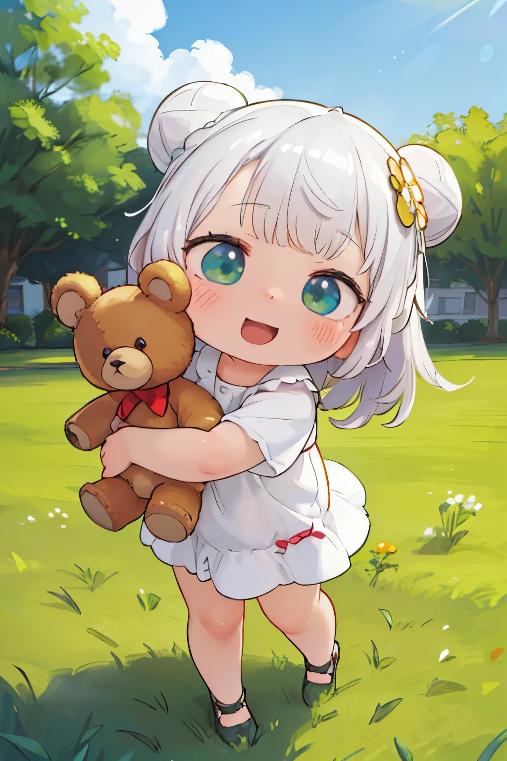 (best quality,4k,8k,highres,masterpiece:1.2),ultra-detailed,(realistic,photorealistic,photo-realistic:1.37),Illustration,Octane Render,morning park,a  walking with a teddy bear, the girl has a bun hairstyle and a smiling face, vibrant colors, soft sunlight, beautiful flowers, green grass, playful atmosphere, peaceful environment,detailed textures, vibrant colors, cute teddy bear outfit, joyful expression