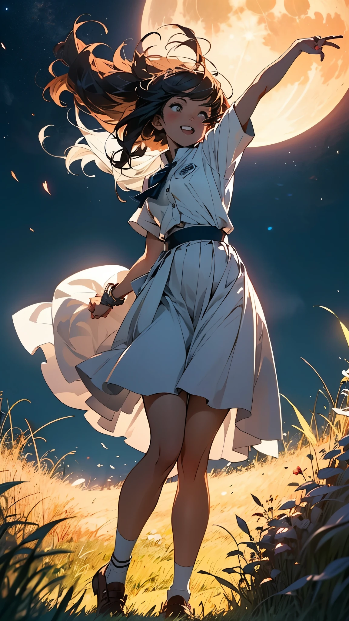 in 8K、top-quality、masterpiece、ultra-detailliert、Ultra-high resolution、Anime style、1 Girl、Uniforms、Pampas grass steppe、fullmoon、moonlights、Check skirt、Skirt flipping in the wind、dance、A delightful、perspiring