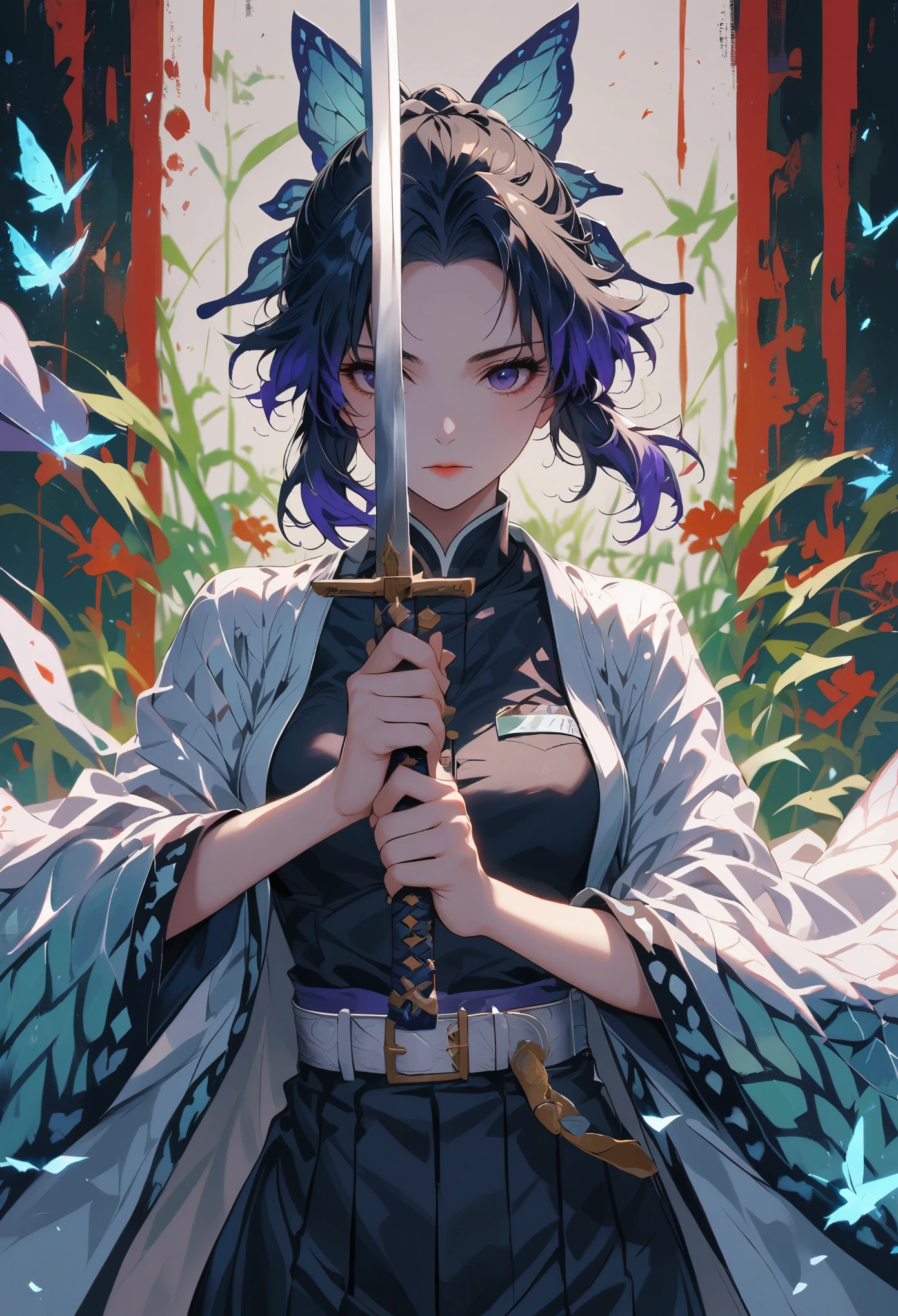 Kochou Shinobu,holding sword with both hands,