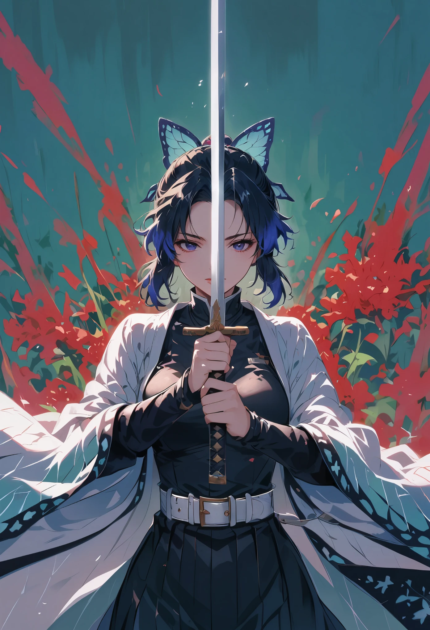 Kochou Shinobu，holding sword with both hands,