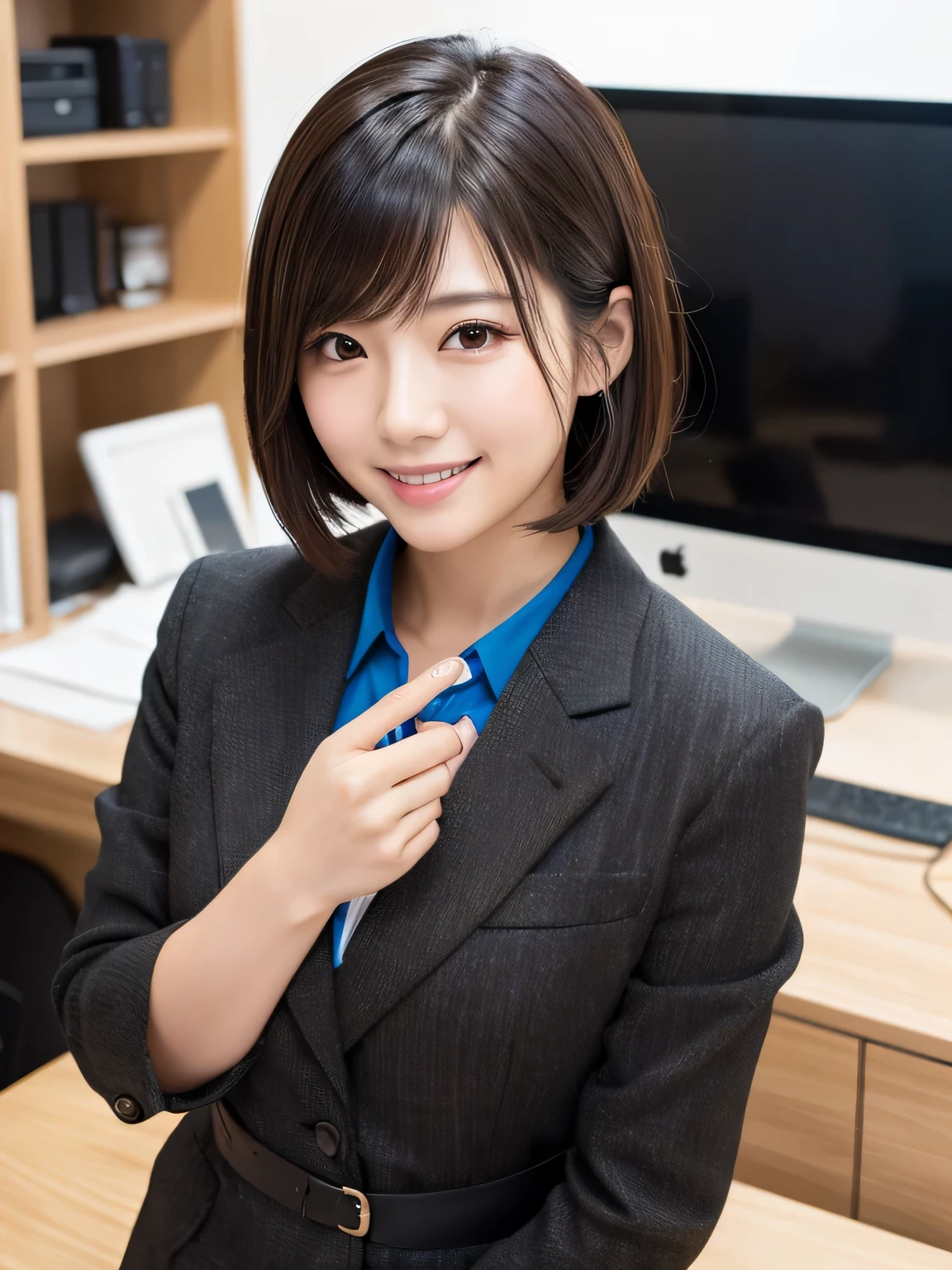 multiple angleasterpiece, highest quality, highest resolution、very detailed, 8K, Super detailed), (RAW photo:1.2)(natural skin texture,detailed skin, Super realistic、super sharpness),elaborate details,Depth of bounds written, bright lighting、 BREAK gorgeous young japanese woman, Large, clean and well-appointed office、stand and look down、attractive pose、Raise one hand、See photographer、(colorful casual business suits)、(Black brown hair、short bob)、((insincere smile))、Shooting from an angle looking up from below