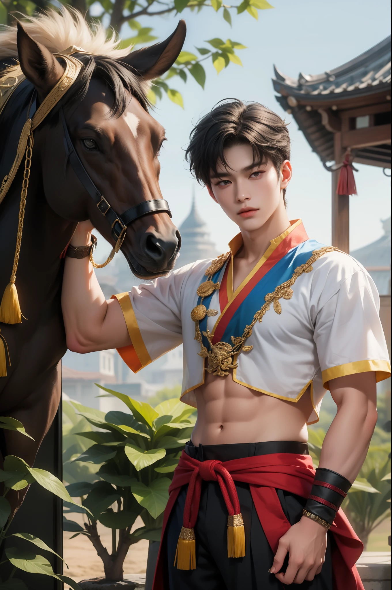 arafed male in a costume standing next to a horse, cai xukun, by Yang J, beautiful androgynous prince, zhao yun, inspired by Zhang Han, delicate androgynous prince, by Zhou Fang, inspired by Huang Gongwang, yanjun chengt, heise jinyao, inspired by Pu Hua, handsome guy in demon slayer art