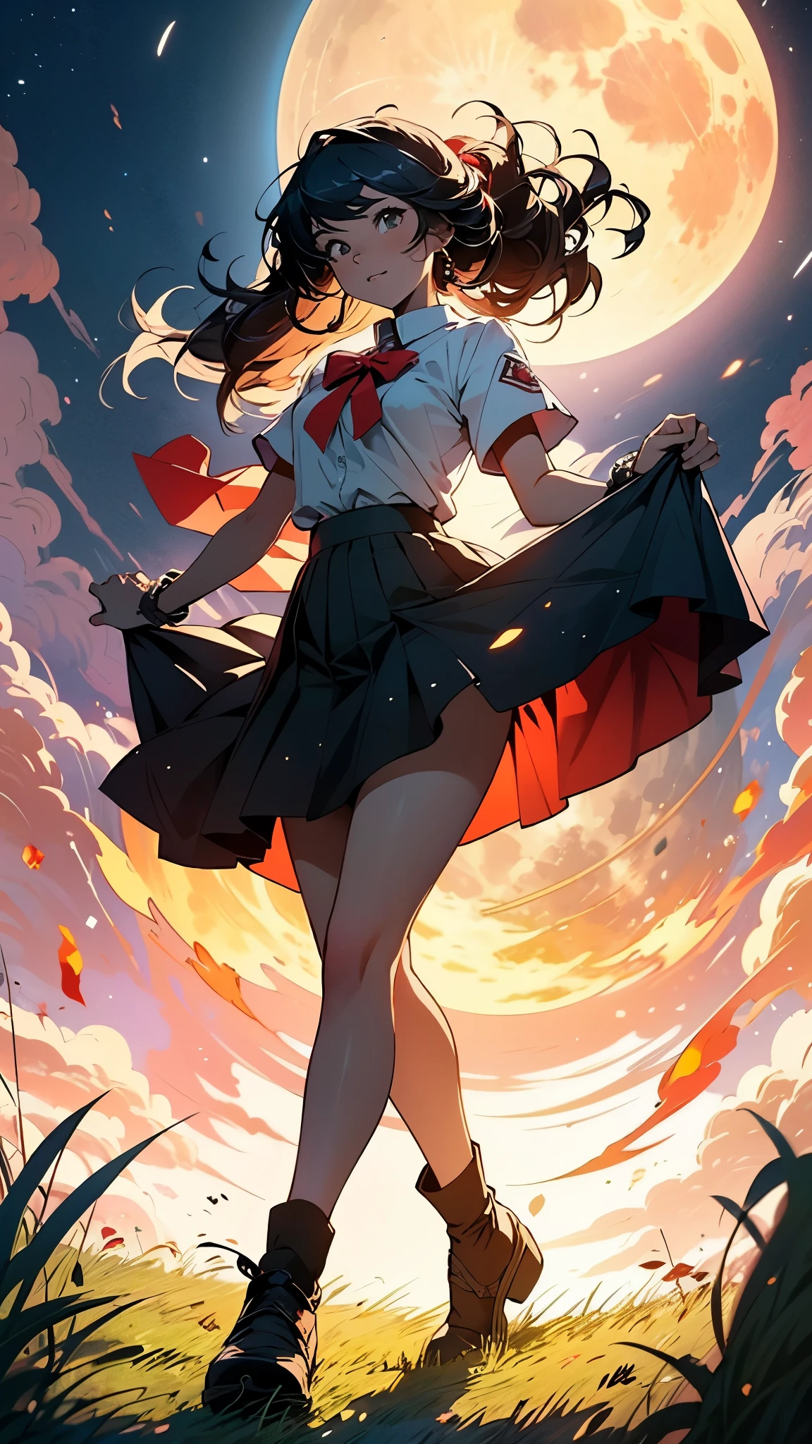 in 8K、top-quality、​masterpiece、ultra-detailliert、Ultra-high resolution、Anime style、1 High School Girl、Uniforms、Pampas grass steppe、fullmoon、moonlights、Check skirt、Skirt flipping in the wind、dance、A delightful、perspiring