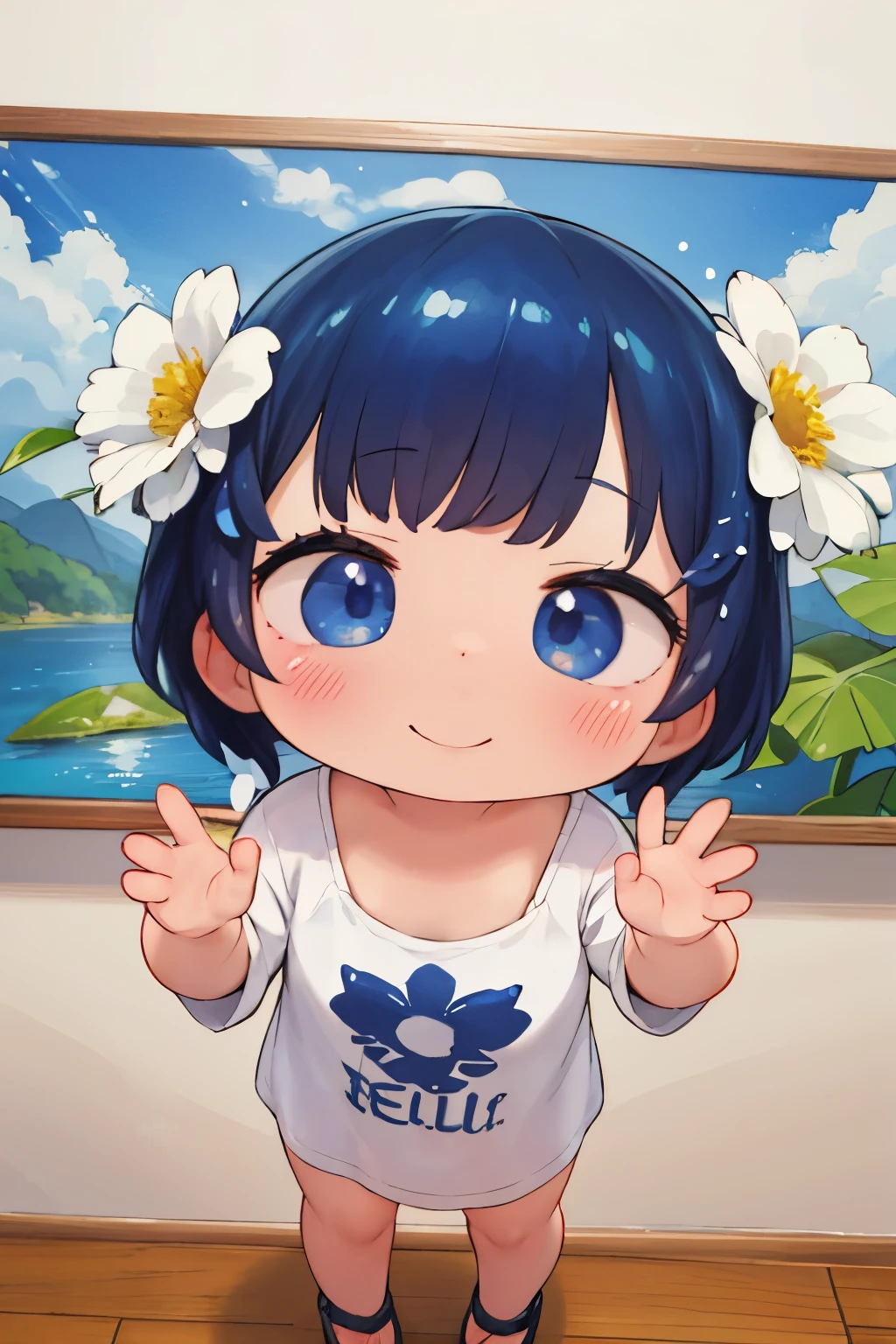 photoRealstic、Doll standing in front of the painting(nendroid)、A smile、Water droplets on the cheeks、In a cute pose、watercolor Nendoroid、(High Definition Figure)、Flowing iridescent silk、up of face、Eye Up、Colorcon with heart pattern、Floral dresaking a heart with both hands、There are also flowers in front of the nendroids、flower petals、season!!: summer☀ 🍂
