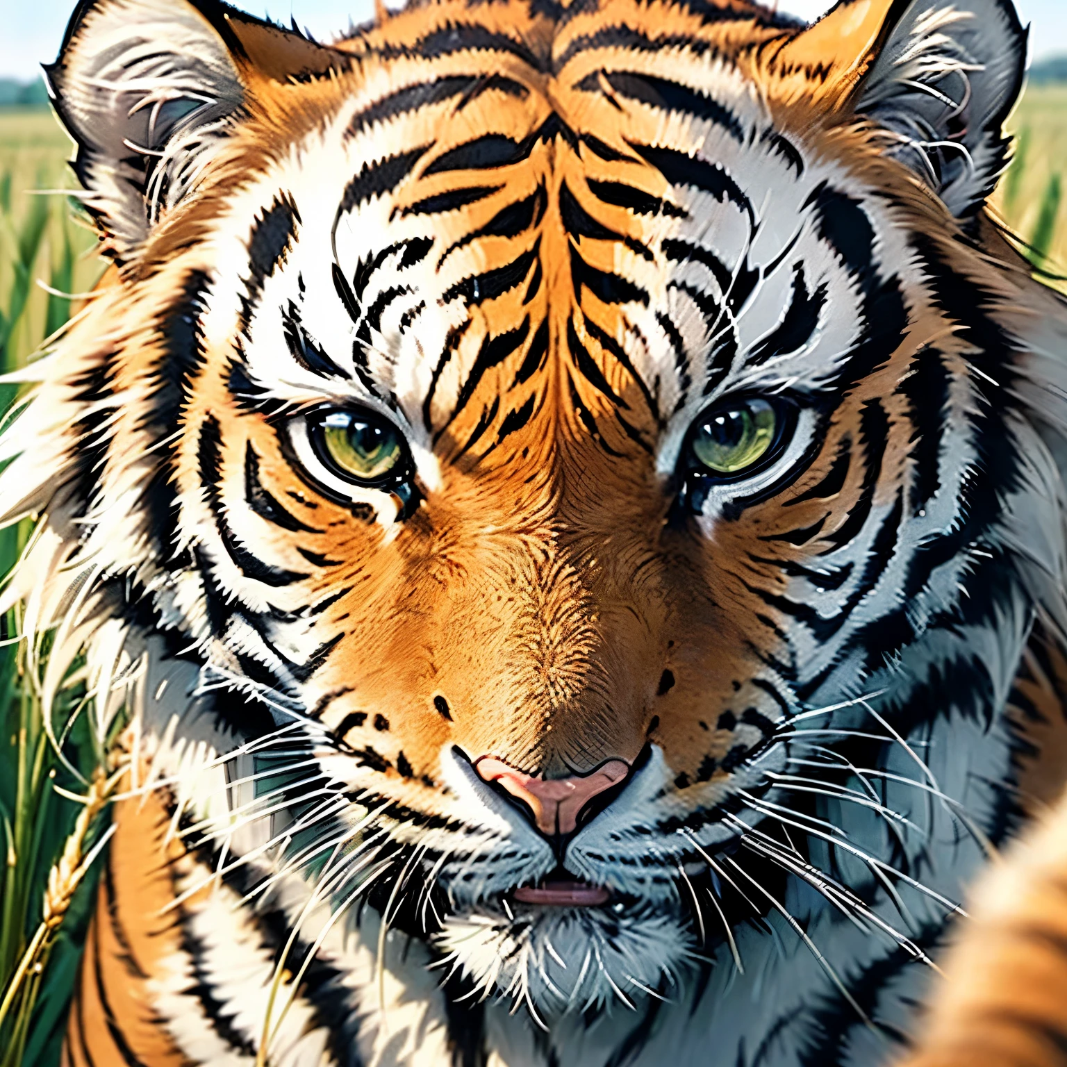 (Masterpiece: 1.3), (Max resolution: 1.2), (Ultra HDTV: 1.2), cinematographic lighting, 8K resolution, Detailed stripes and muscular bodies, Sad expressive faces, , (Sharp Focus: 1.2), (Focus on Tigers: 1.2), Perfect Style, Majestic animals, Accurate and anatomically correct, Highly detailed body texture, Detailed facial expressions, Sad eyes, Distended mouths, Sharp claws, Drooping ears, Intense gaze, , Crouching in the wheat field, Heads hung low, Wheat grains scattered around, Padding paws