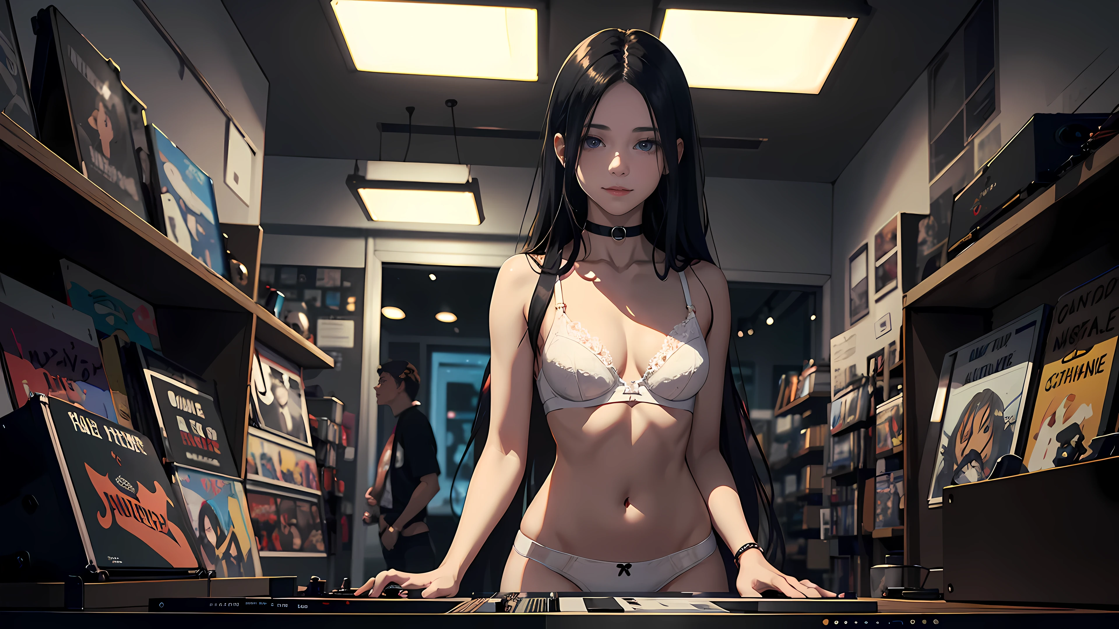 18 year old girl, long black hair, big sad eyes, sweet smile, small breasts, thin hips, choker collar, white bra, white panties, standing, near open door, record store, vinyl, turntable, DJ equipment, evening, nighttime, dramatic lighting, cinematic lighting, masterpiece, best quality