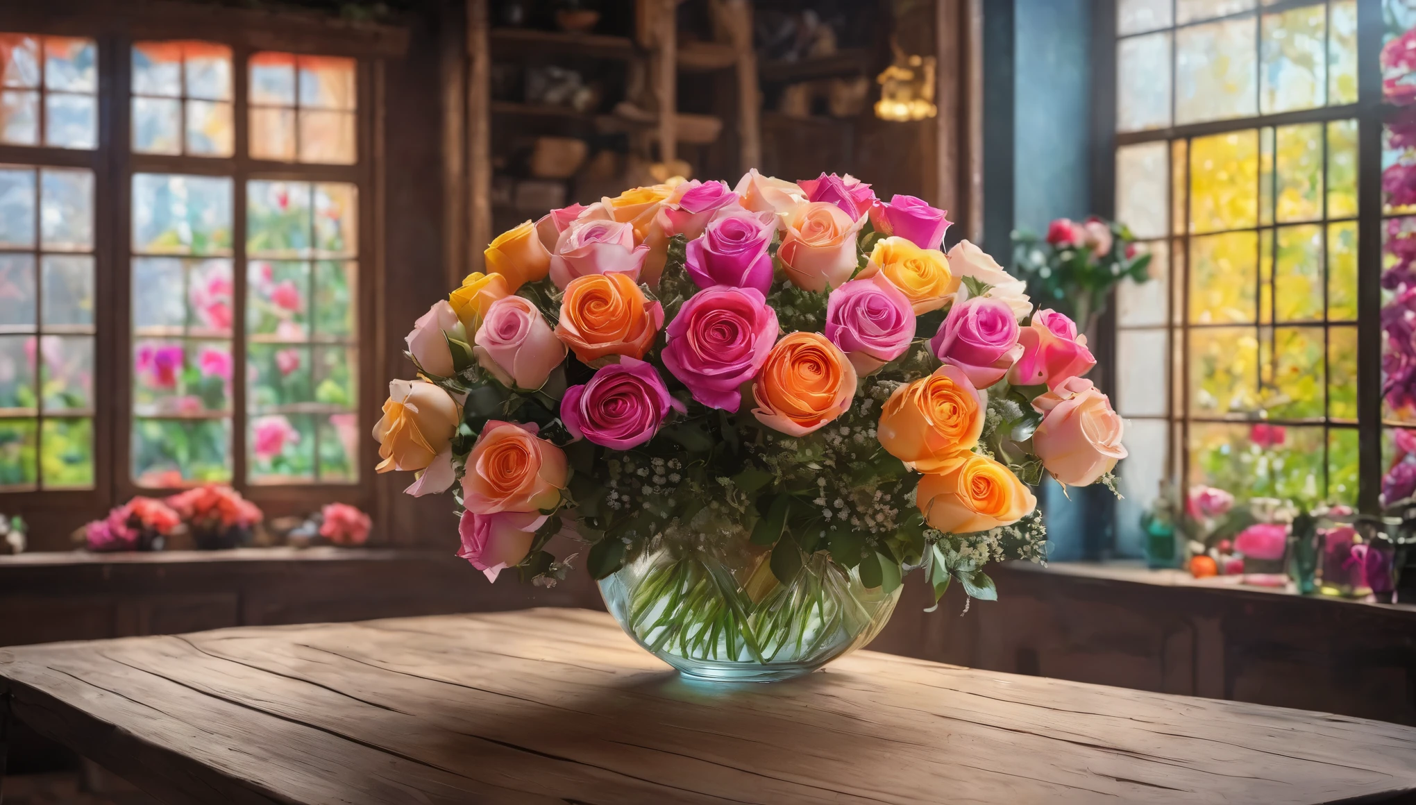玻璃花瓶中精美细致且art placement的玫瑰花, a huge bouquet of roses, colorful flowers, art placement, Vibrant composition, natural beauty, Stunningly detailed scenes, Wide-angle lens, bright soft diffused light, glow, bright colors, Flowers of different colors, number, concept art, complex, Very detailed, Volumetric lighting, masterpiece, surrounded by a large bouquet of roses, translucent watercolor, high detail, draw well, fine details, high detail, filigree, translucent, brightness, pastel colors, sharp focus, Studio photos, complex details, Very detailed, On a funny wooden table, The background is a window, bright colors, sharp focus, high contrast, high dynamic range, sharp edge