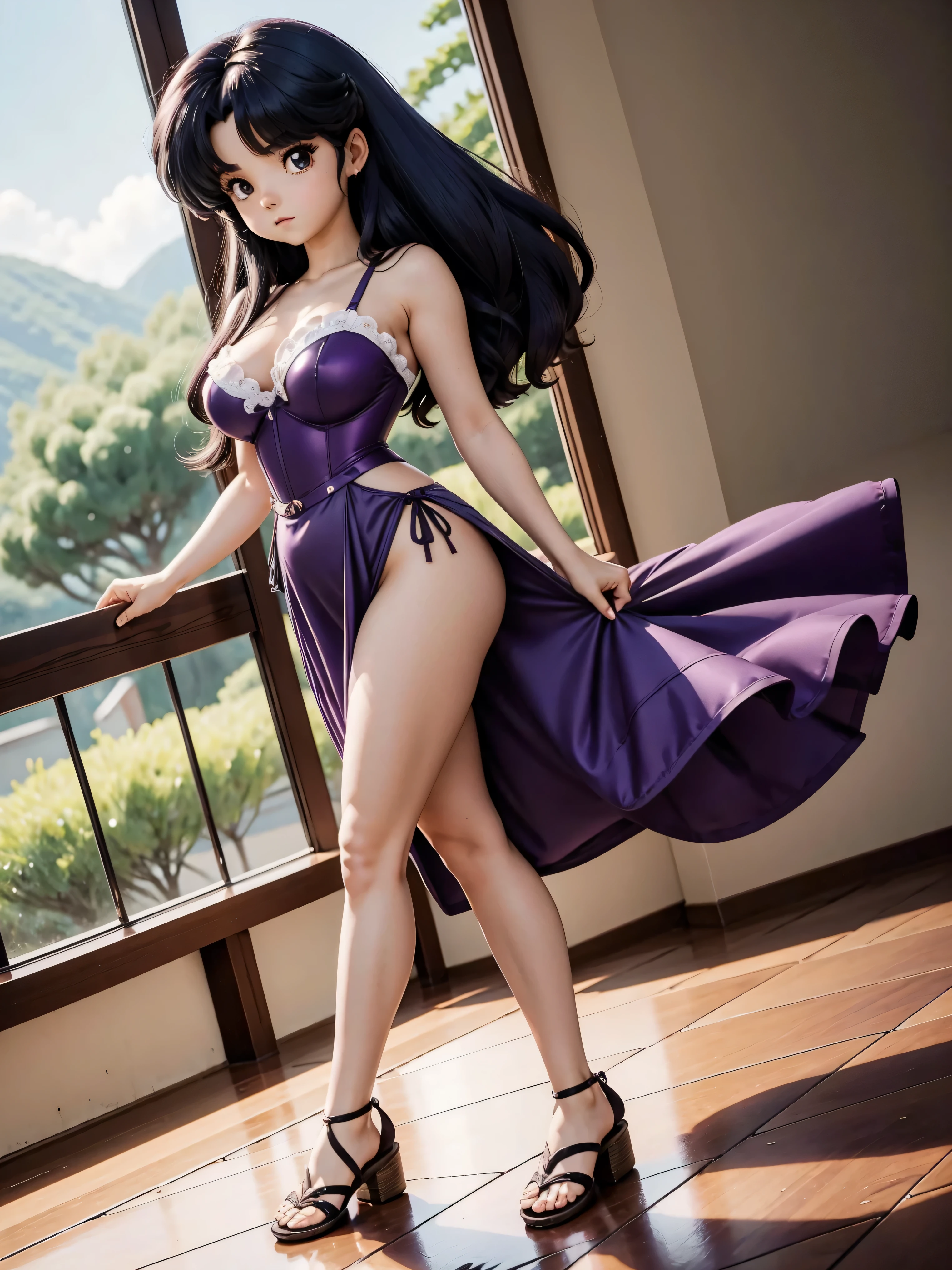 Garota anime de cabelo escuro com saia vestido longo purple meio transparente e espartilho, , corpo bonito, seios grandes, com hand in panties , hand in hair, Garota sensual, blue cabelo, mechas de cabelo laterais, mechas de cabelo na lateral do rosto, beautiful lighting, sombras suaves, olhos azuis, pernas bonitas, cabelo curto, estilo anime, personagem Akane Tendo, Autora Rumiko Takahashi, Baseado em obra de Rumiko Takahashi, Anime Ranma 1/ 2, decote sensual, quadril robusto, corpo inteiro, corpo inteiro, busto grande, garota jovem com corpo belo e bonito, sandals on his feet, garota 16 anos usando saia e corset pink e purple meio transparente, garota anime, estilo anime, beautiful feet in sandals, 45° viewing angle, ao ar livre, peito grande, seios bonitos, cabelo preto, sandals on the feet, pernas bonitas, sensual, belas pernas, Sandalias, seios grandes, corpo completo, corpo inteiro, feet with sandals, anime realista, saia, saia roxa, personagem realista sensual, postura ereta, ao ar livre, calcinha pink, hand in panties, saia vestido com 50% de opacidade meio translucida, ao ar livre, perfect feet