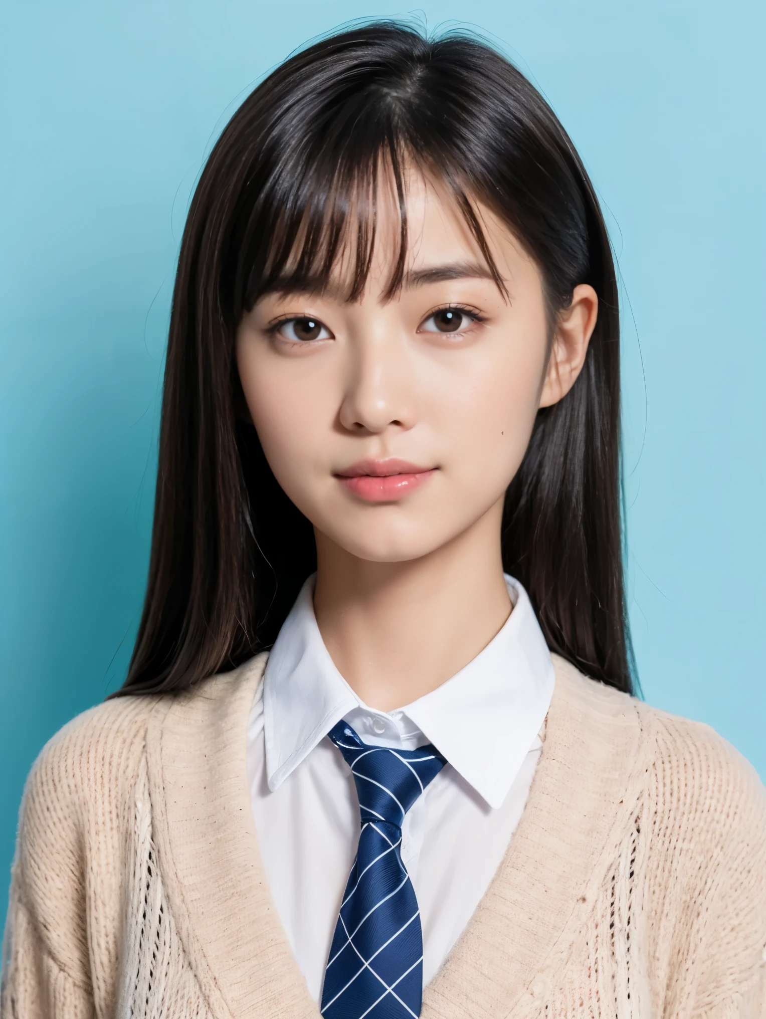 alone、high school girl、natural body shape、white skin、natural makeup、black hair、bangs、straight long hair、、(((Girls' High School School Uniform))) 、(((beige cardigan、white blouse with collar、Blue plaid tie)))、(((ID photo)))、(((blue background)))、((The upper body is wearing a uniform))、((body facing forward))、((look at the camera))、((head to shoulders portrait)、Portrait from the shoulder up)、smile with your mouth closed、focus on face、(((close up of face)))