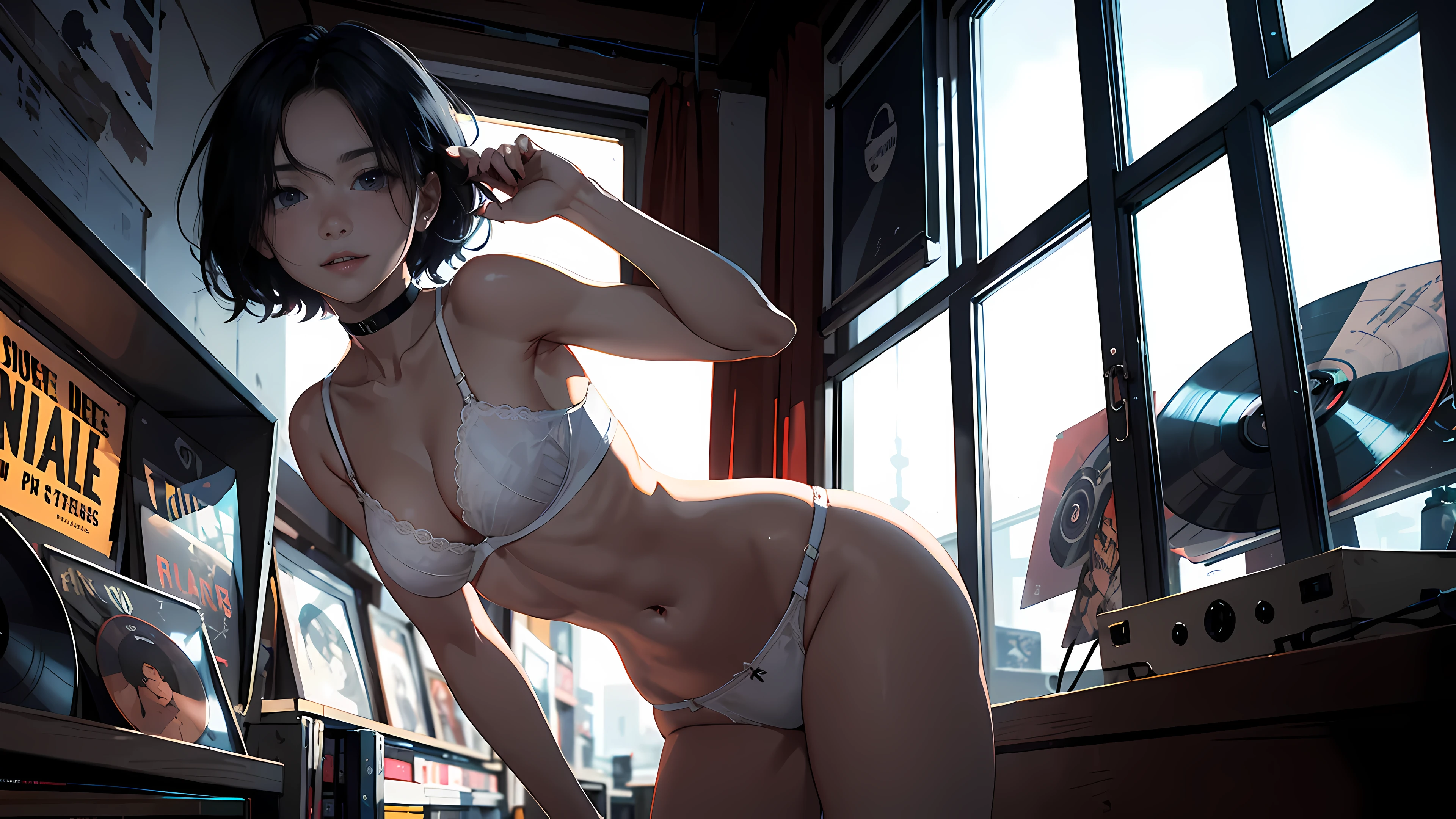 18 year old girl, short black hair, big sad eyes, sweet smile, small breasts, thin hips, choker collar, white bra, white panties, standing, open door, open window, record store, vinyl, turntable, evening, nighttime, dramatic lighting, cinematic lighting, masterpiece, best quality