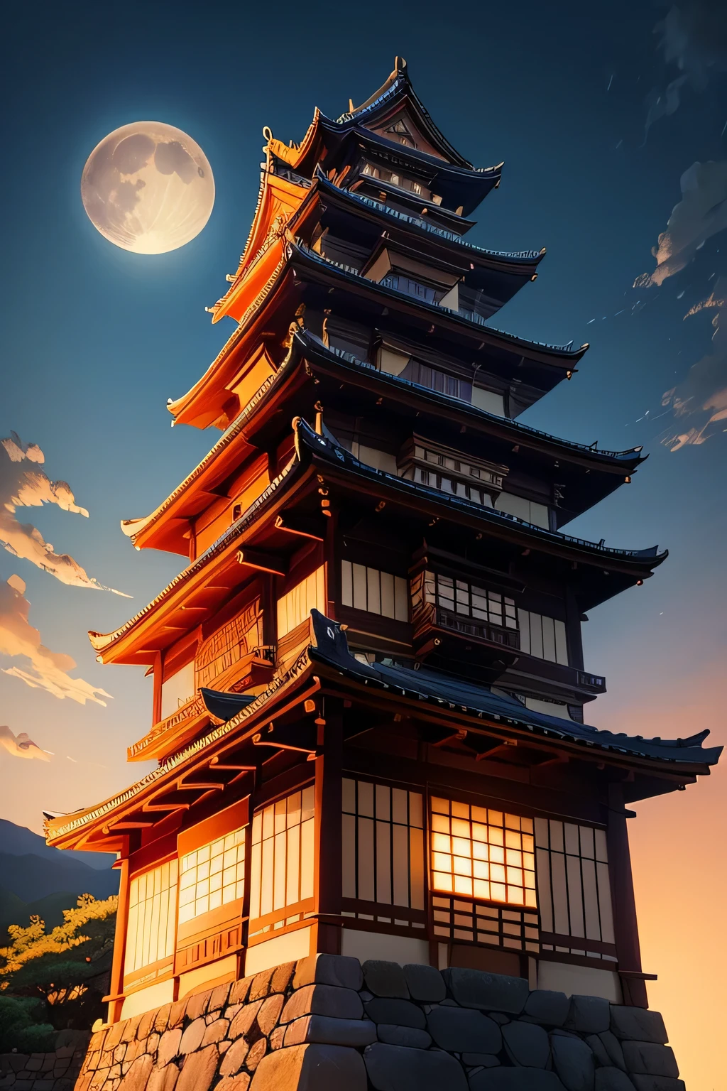 Oda Nobunaga'Azuchi Castle towering over the mountain、big moon background、view from below、((A five-story castle built on a stone wall))、dim night、
