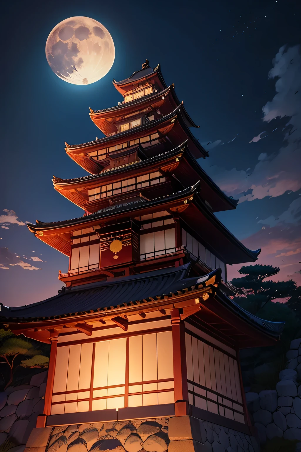 Oda Nobunaga'Azuchi Castle towering over the mountain、big moon background、view from below、((A five-story castle built on a stone wall))、dim night、