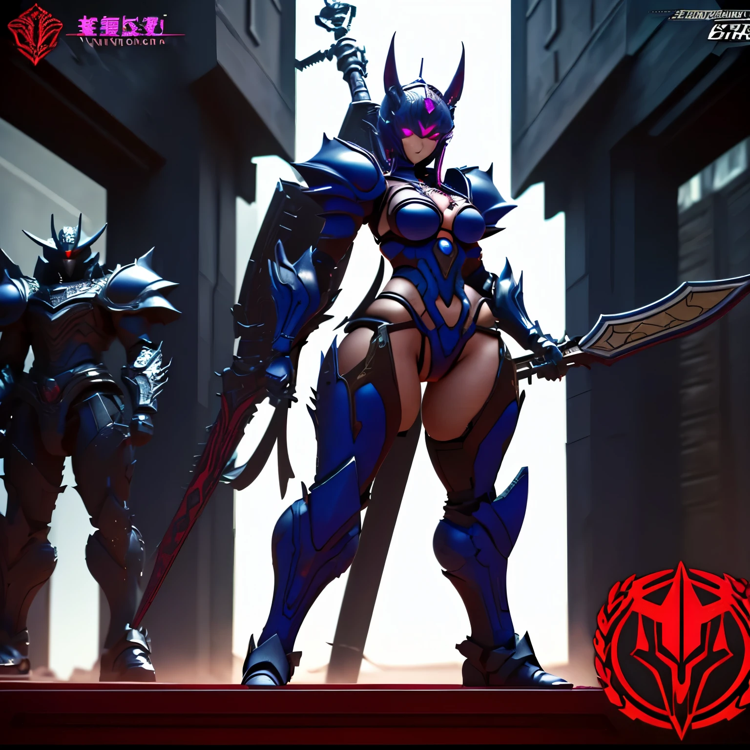((Write the word: "Bosstercore" in a logo at bottom)). Guts armor from Berserk references, gantz reference. Sexy mecha girl with round tits, sexy body. big sword. Red eyes, full body, sexy pose. Round ass, slim waist, camel toe
