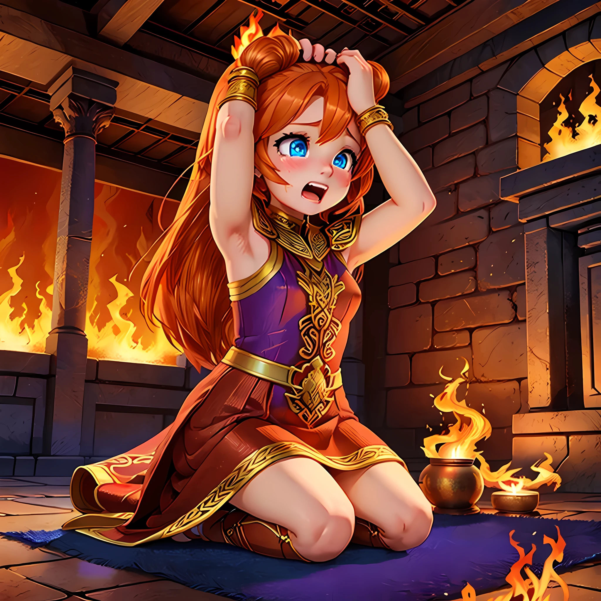 anime style art, comic book style art, fantasy style art, non-realistic, beautiful healthy Celtic young woman, tall, bright orange hair, flaming orange hair, long wavy orange hair, bright blue eyes, fair skin, red warrior dress, red dress with ornate gold and purple designs, inside a temple made of purple stones, kneeling in pain, putting her hands on her head, holding her head in pain, screaming, tortured expression, fiery background, flames, dramatic composition, high quality digital art