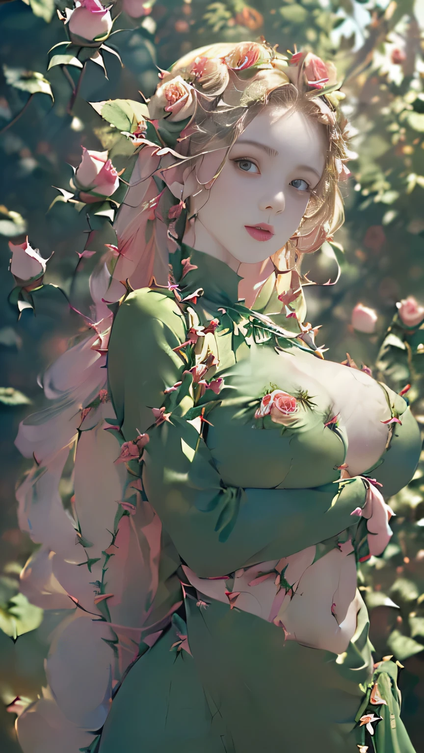 (((masterpiece))),((highest quality)),one beautiful girl,pale, (A character who personifies a rose: 1.5), (Her hair is a thorny rose stem:1.5)、(big breasts:1.5)、(belly button)、(green clothes made from rose leaves:1.5)),(private server), (exposure of skin),(The background is a garden:1.5).(((from the front:1.5)))、(straight front: 1.5)、(Thorny rose stems wrap around the body:1.5)、(Buds:1.5)
