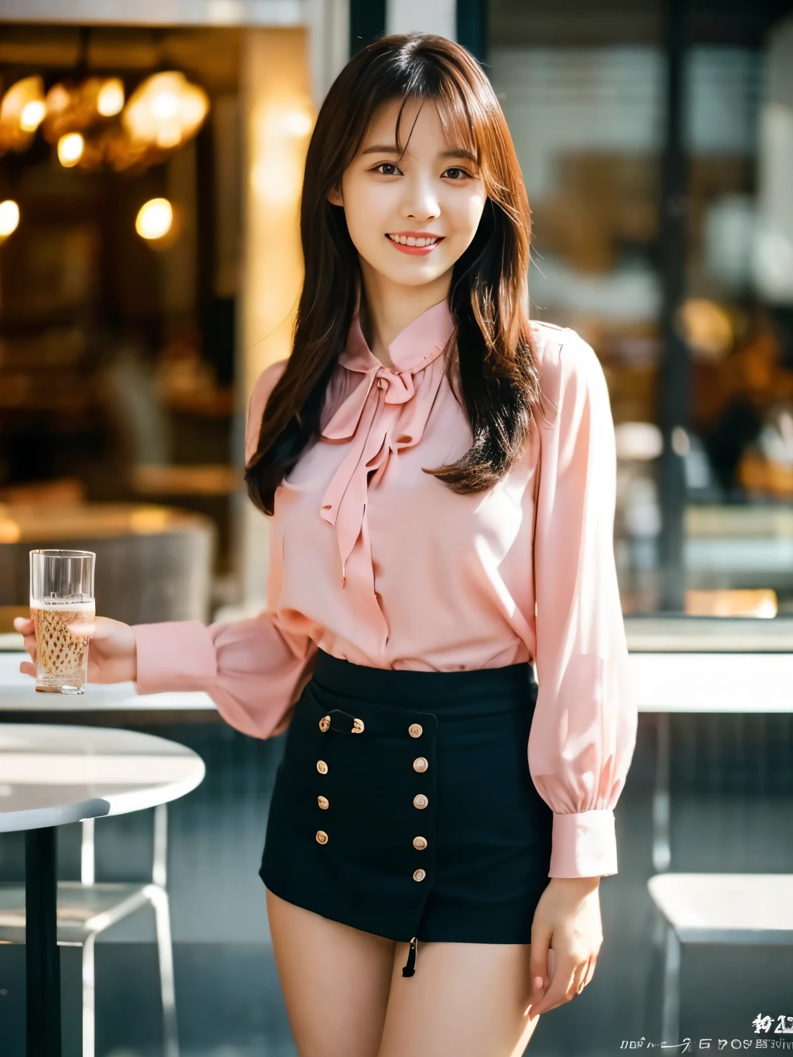 1 girl, (wearing a sexy pink blouse:1.2), short skirt, beautiful japanese actress, (RAW photo, highest quality), (realistic, Photoreal:1.4), masterpiece, very delicate and beautiful, very detailed, 2K wallpaper, wonderful, finely, very detailed CG Unity 8K 壁紙, Super detailed, High resolution, soft light, beautiful detailed girl, very detailed目と顔, beautifully detailed nose, beautiful and detailed eyes, long hair, cinematic lighting, break, (Against the backdrop of a outside the cafe terrace 1.3), city lights, perfect anatomy, slender body, smile, Face the front completely, (look at the camera), (waist shot), (emphasize big breasts), (full body shot),