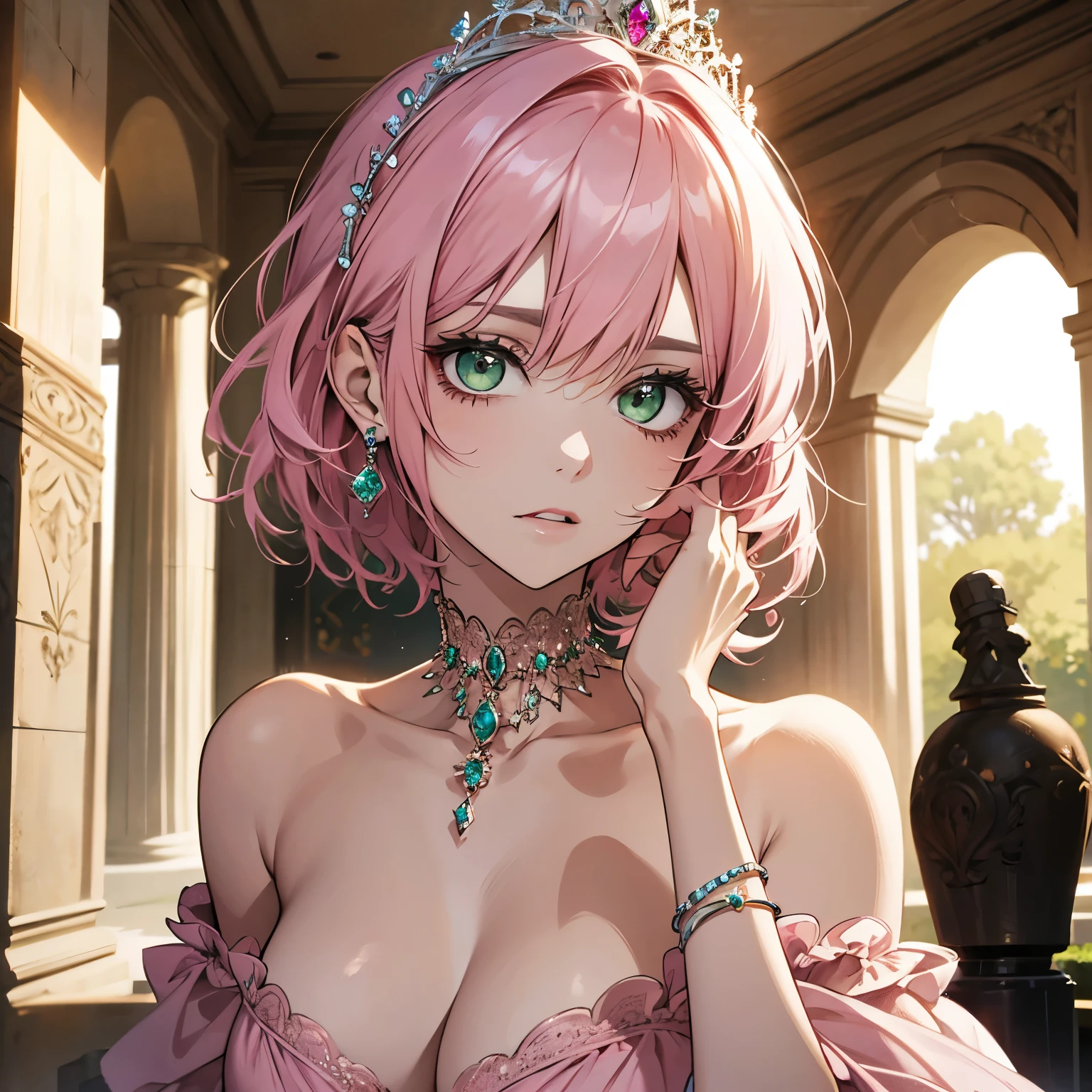 A young princess, beautiful, short pink hair, green eyes, she wears some luxurious jewelry on her neck, she wears a low-cut pink dress, she has medium tits, her face shows a perverted face