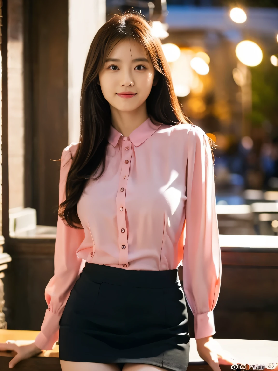 1 girl, (wearing a sexy pink blouse:1.2), short skirt, beautiful japanese actress, (RAW photo, highest quality), (realistic, Photoreal:1.4), masterpiece, very delicate and beautiful, very detailed, 2K wallpaper, wonderful, finely, very detailed CG Unity 8K 壁紙, Super detailed, High resolution, soft light, beautiful detailed girl, very detailed目と顔, beautifully detailed nose, beautiful and detailed eyes, long hair, cinematic lighting, break, (Against the backdrop of a outside the cafe terrace 1.3), city lights, perfect anatomy, slender body, smile, Face the front completely, (look at the camera), (waist shot), (emphasize big breasts), (full body shot),
