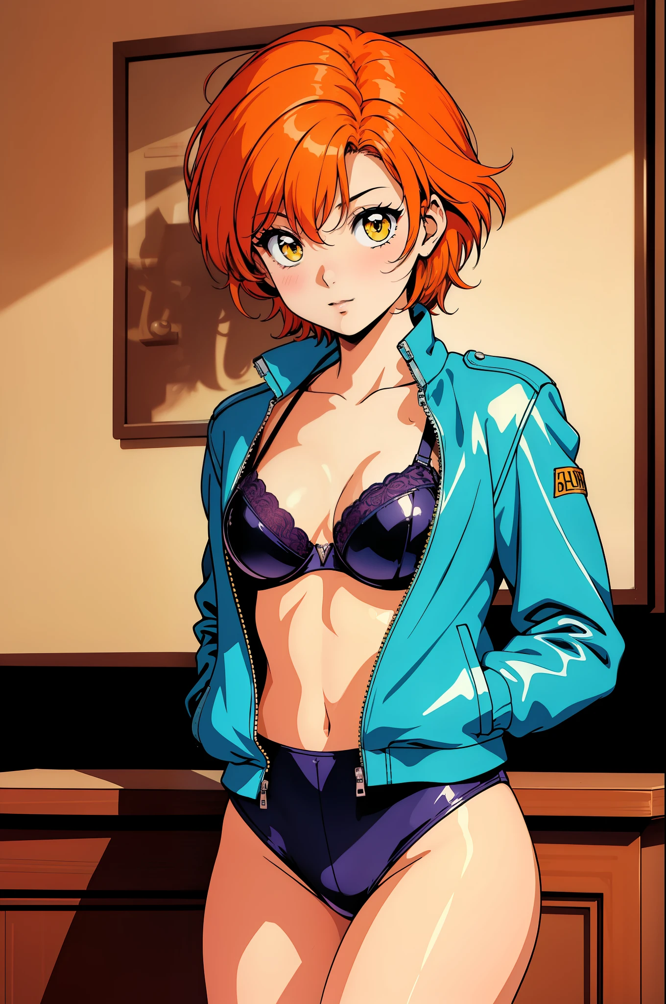 (Masterpiece, Best Quality, High Quality), facing viewer,volumetric lighting, illustration, beautiful, tight , Blushing, looking at viewer, blue leather bra top, blue leather small jacket, blue leather shorts,solo, posing for picture, seductive, perfect lighting, perfect shadows,Hoshizora rin, orange hair, yellow eyes ,1980s \(style\), small breasts 