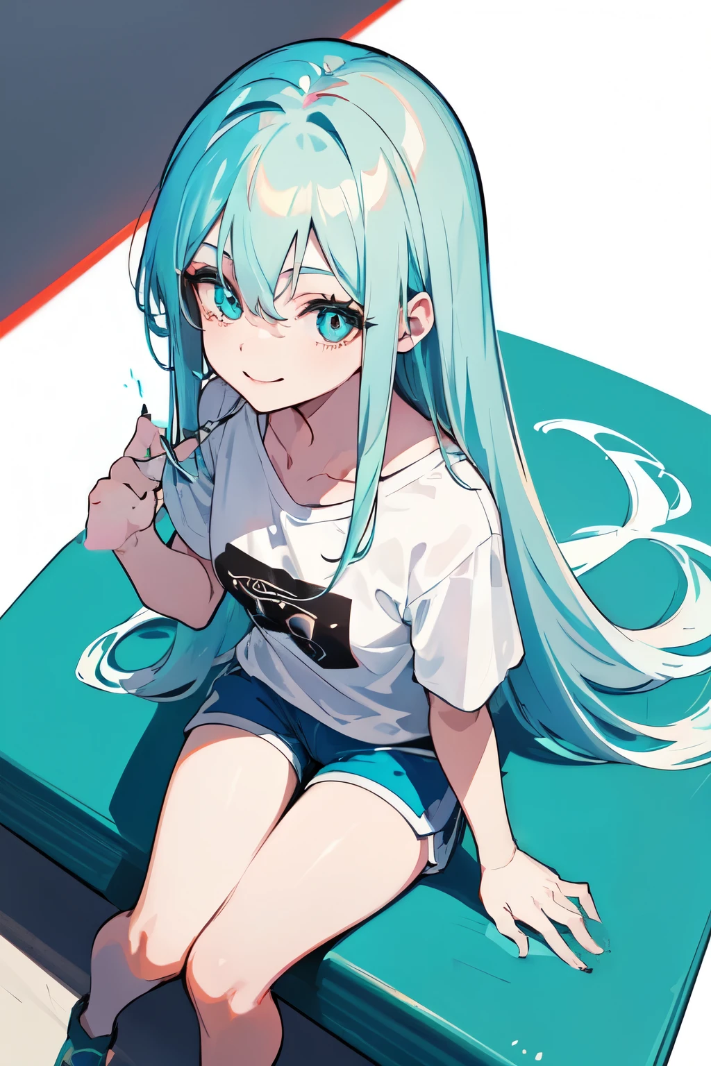 woman, long white and red hair, cyan eyes (beautiful detailed eyes), black mini t-shirt, blue shorts, sitting on a chair, grabbing a lock of hair, smiling (beautiful detailed lips), rude expression, perspective from above, anime style, 8k resolution (best quality, ultra-detailed), vibrant colors, stylized lighting