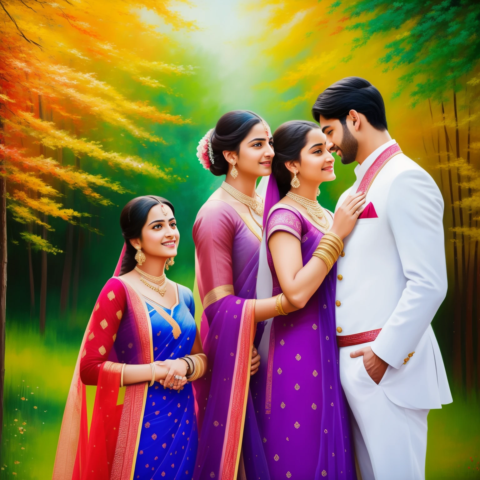 Paint a couple (man and woman) embracing and a little further away another man (a third person) watching the couple. Painting in style: "Impressionism", colors in 8K. Paint with vibrant and well-defined colors, but in a way that the character is easily recognized and revealing the perfection of the character's facial expression.abhay soni