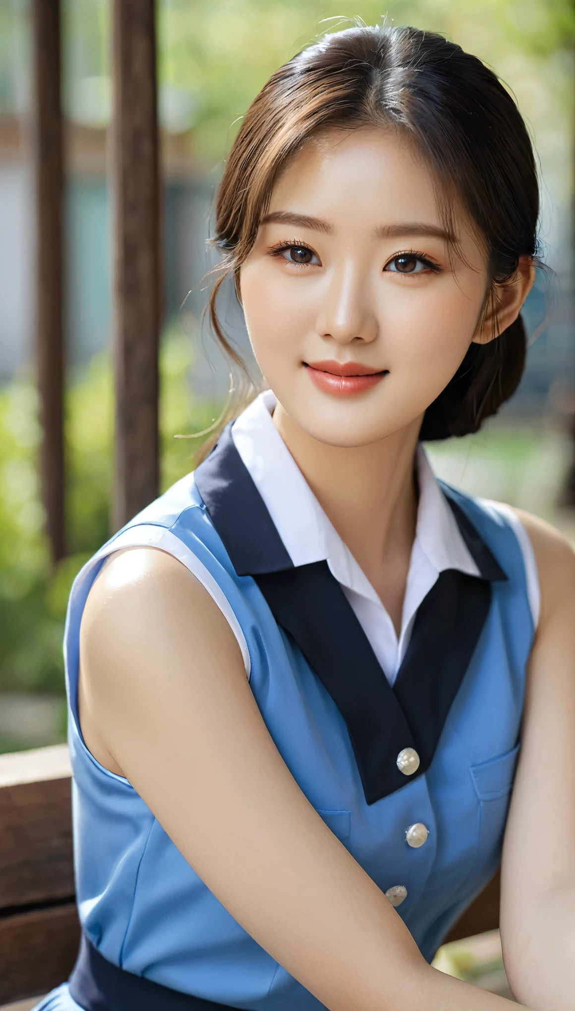 close-up shot of beautiful korean female, 36 inch breasts size, straight hair, slightly smile, wearing dresed in a blue, black and white themed sleeveless collared uniform, sitting at the wooden bench
