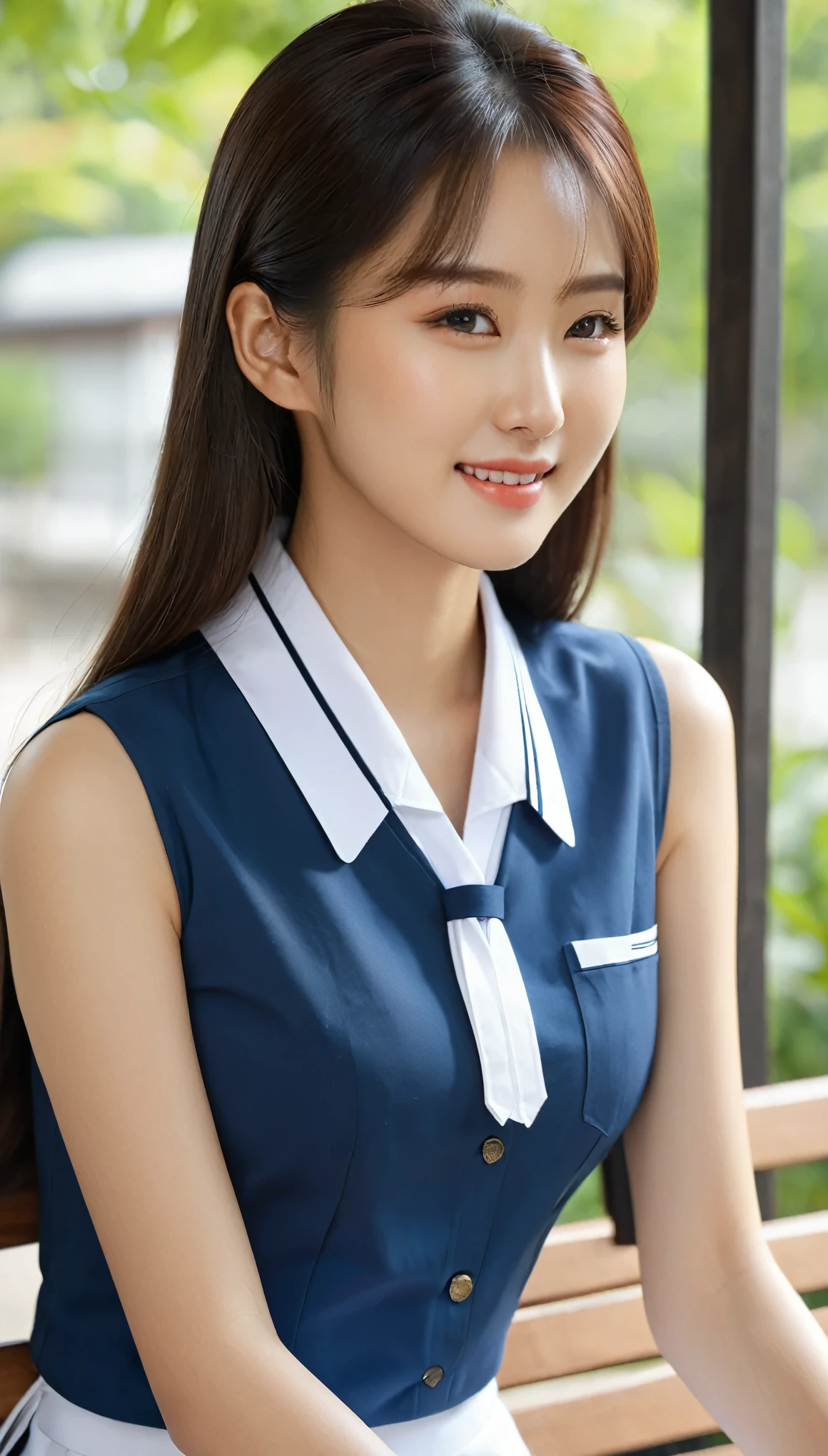 close-up shot of beautiful korean female, 36 inch breasts size, straight hair, slightly smile, wearing dresed in a blue, black and white themed sleeveless collared uniform, sitting at the wooden bench 