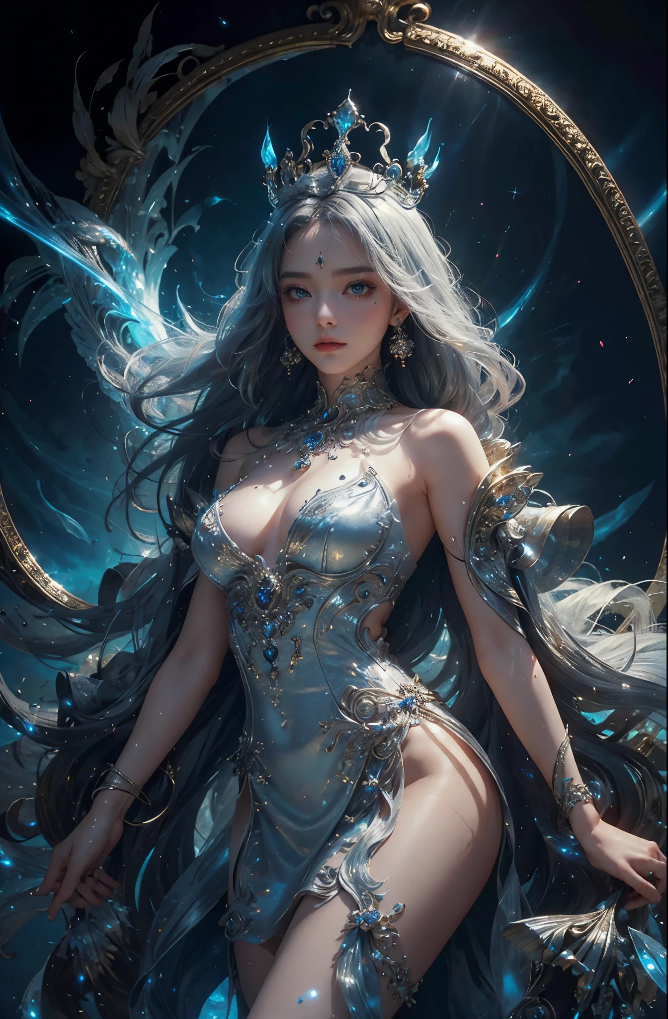 "(tmasterpiece: 1.3), 8K Ultra HD resolution, Ethereal and beautiful fire goddess, smooth private parts, Captivating action (lewd eyes, The is very detailed, Bio-luminescence):1.7 , bioluminescence: 1.7. (Body floating in the air): 1.5. ( Clouds are passing around, nigh sky), Mild, Personable, Pure elegance. (exquisite silk dress, Exquisite silver case, The is very detailed), (A delicate crown, The is very detailed).