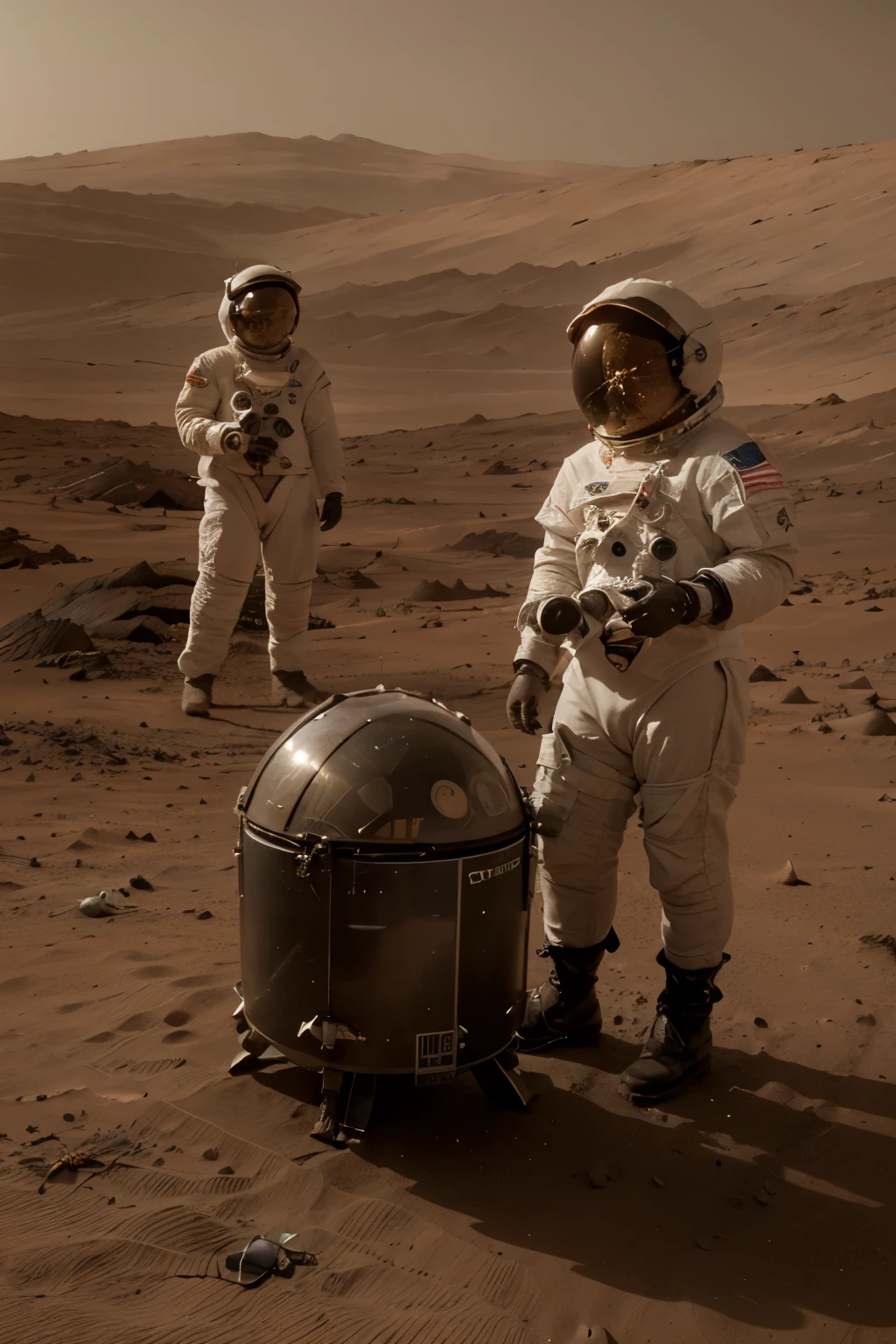 An image of (((astronauts on Mars))) caught off guard by (((large, menacing cockroaches))) invading their space, with panicked expressions and the Martian landscape serving as a backdrop