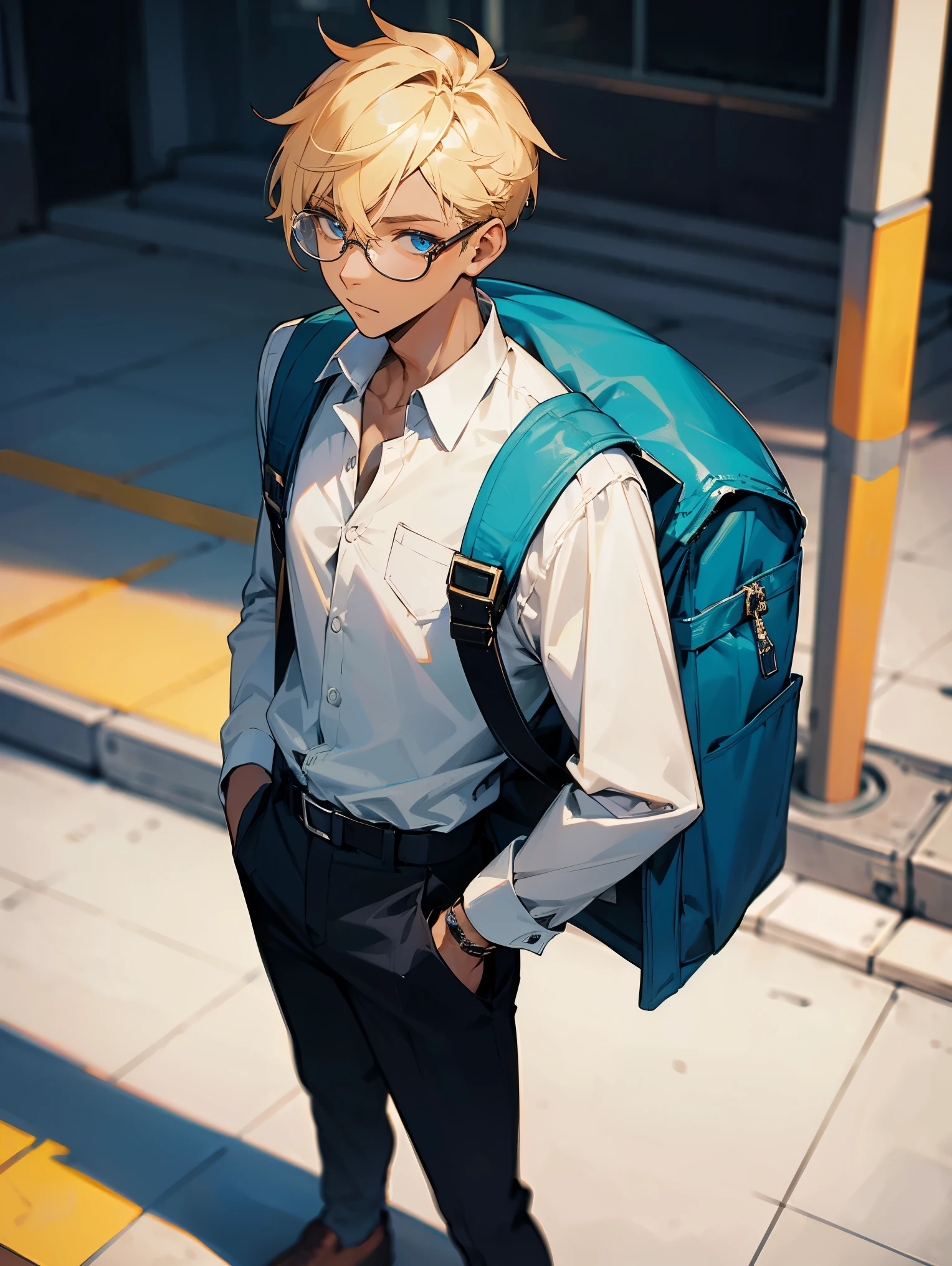 1male , Blue Unbuttoned Collard Shirt , Modern Undercut Hair , Blonde Hair , Dark Skin , Blue Eyes , Glasses , Backpack , Standing on sidewalk