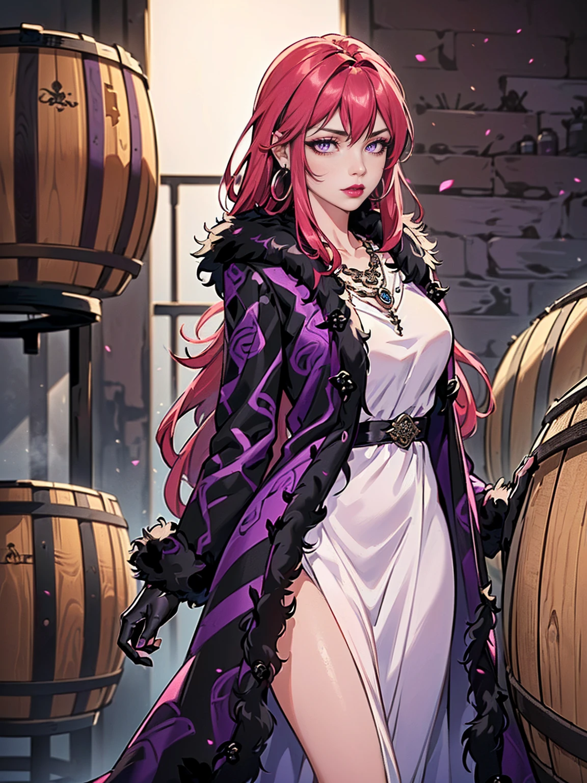 ((solo, 1woman, TakashiroHiroko, dark purple eyes, red hair, pink lipstick, Extremely detailed, ambient soft lighting, 4k, perfect eyes, a perfect face, perfect lighting, a 1girl)), ((solo, (1woman, pink lipstick), Extremely detailed, ambient soft lighting, 4k, perfect eyes, a perfect face, perfect lighting, a 1girl)), ((Deep purple eyes)), ((white dress, ornate long dress, purple dress)), sexy violet dress)), (((black fur coat:1.4), (ornate dress, purple dress))), gold bracelet, winery,wine barrels backgroudn, standing on a barrel, sexy pose)), gloves, black gloves, bracelets, amethyst necklace, hoop earrings))
