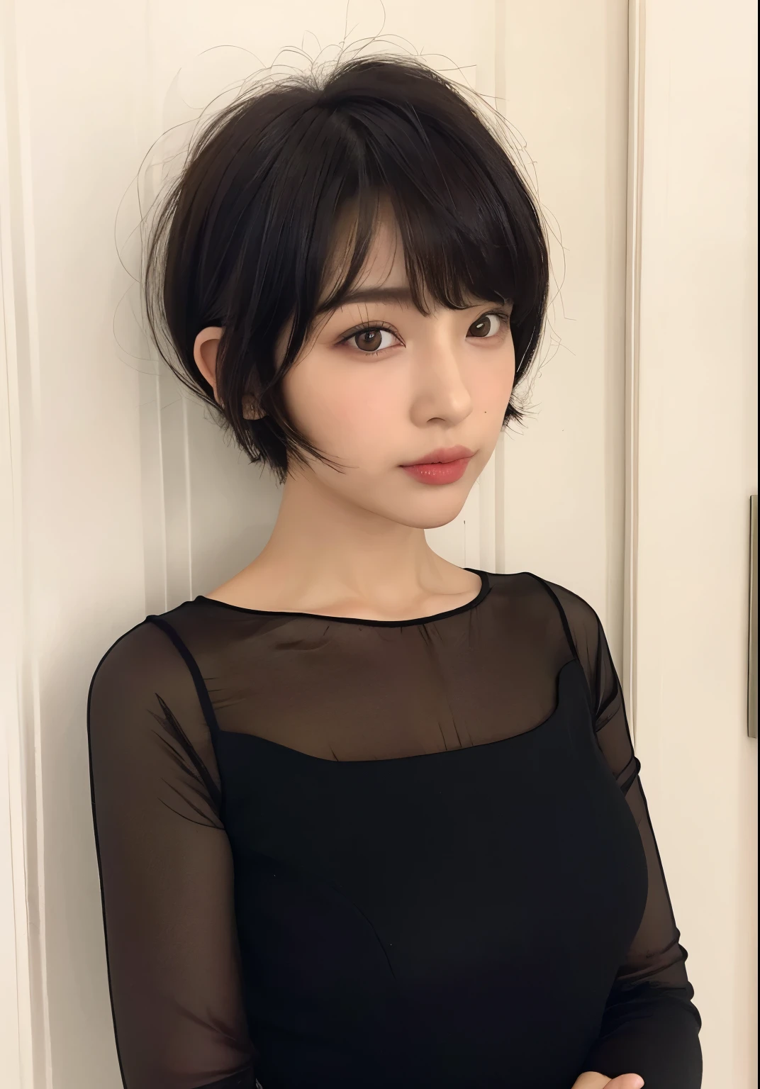long sleeve dress、(white wall in the background、Taken in front of the white door:1.4)、table top、((highest quality、8K、masterpiece:1.3))、ultra high resolution、(photogenuineistic:1.4)、Raw photo、Japanese,(face)、genuine、Photographed in natural light、Highly detailed face and skin texture、highly detailed lips、correct state of the human body、shortcut、very short hair、short hair、pixie cut、black hair、various poses、natural color lip、fluffy hair