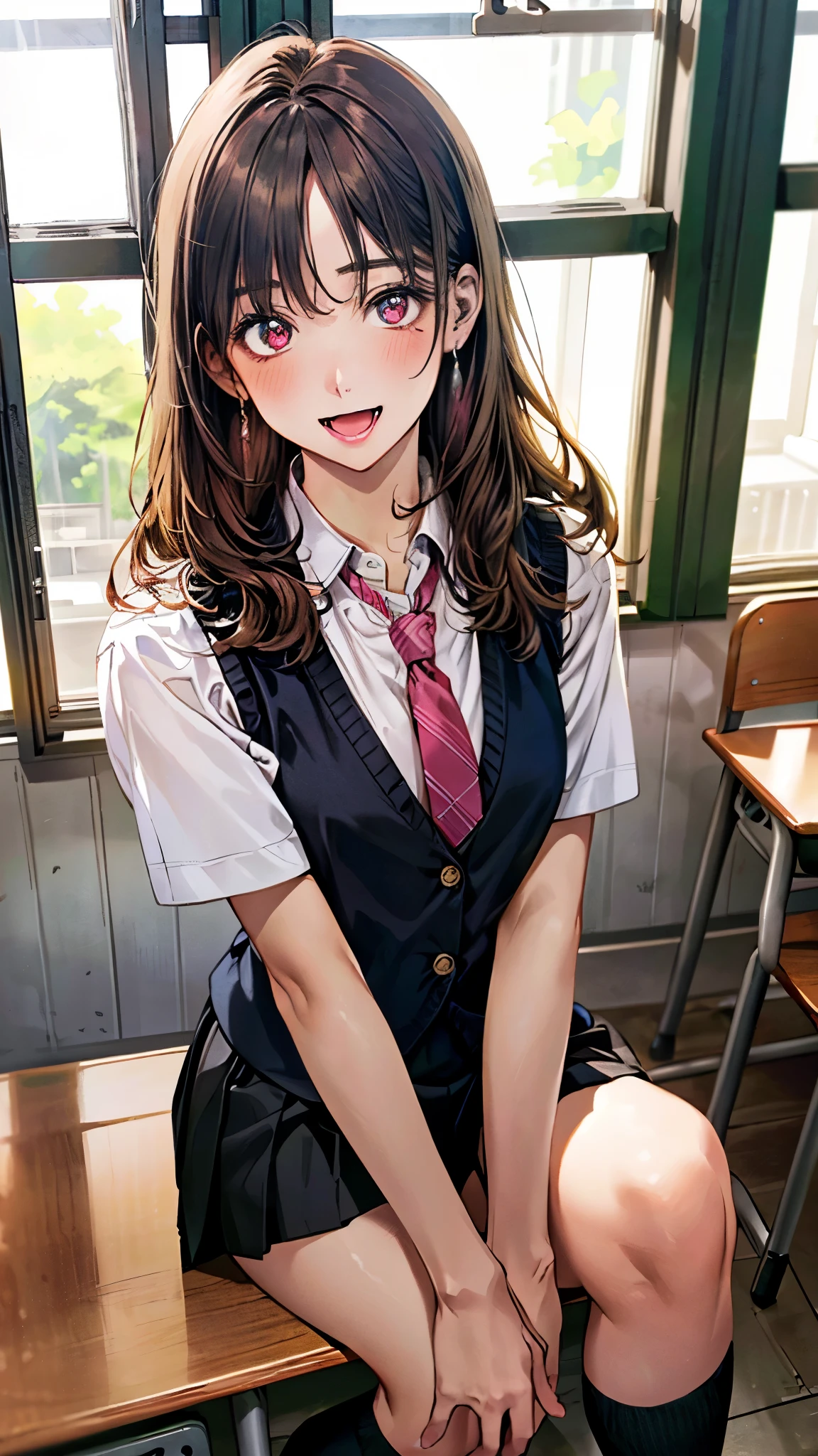(masterpiece:1.3, top-quality, ultra high res, ultra detailed), (realistic, photorealistic:1.4), beautiful illustration, perfect lighting, natural lighting, colorful, depth of fields, 
beautiful detailed hair, beautiful detailed face, beautiful detailed eyes, beautiful clavicle, beautiful body, beautiful chest, beautiful thigh, beautiful legs, beautiful fingers, 
looking at viewer, (face focus, upper body), 1 girl, japanese, sculpture model, perfect face, (perfect anatomy, anatomically correct), cute and symmetrical face, face, , shiny skin, 
(long hair:1.7, straight hair:1.0, rosy brown hair), swept bangs, gold eyes, big eyes, slant eyes, long eye lasher, fang, (medium breasts:1.6, tight butt, seductive thighs), slender, 
((black blazer, (shocking pink knit vest,) collared white shirt, black pleated skirt, red tie)), black school socks, 
(beautiful scenery), morning, (classroom, chalkboard, window, ceiling light, curtains), sitting school desk, (hand in own hair), (seductive smile, open mouth small), 