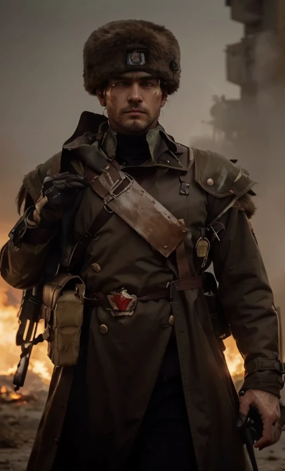 male soldier, very masculine Russian face, angry expression, scars on his face, gray iron mask, ushanka hat, metal shoulder pads, brown Soviet style military uniform with red details, long winter trench coat, belts with ammunition, black leather gloves, carries a Soviet style assault rifle on his back, is on a battlefield in a post-apocalyptic desert, explosions, a lot of fire, dead soldiers, ultra detailed, hyper realistic, 4k, ultra detailed image, realistic, highly detailed, perfect composition, splendid, intricately detailed, incredibly detailed, Artistic photography in 8K, hyper detailed, Masterpiece