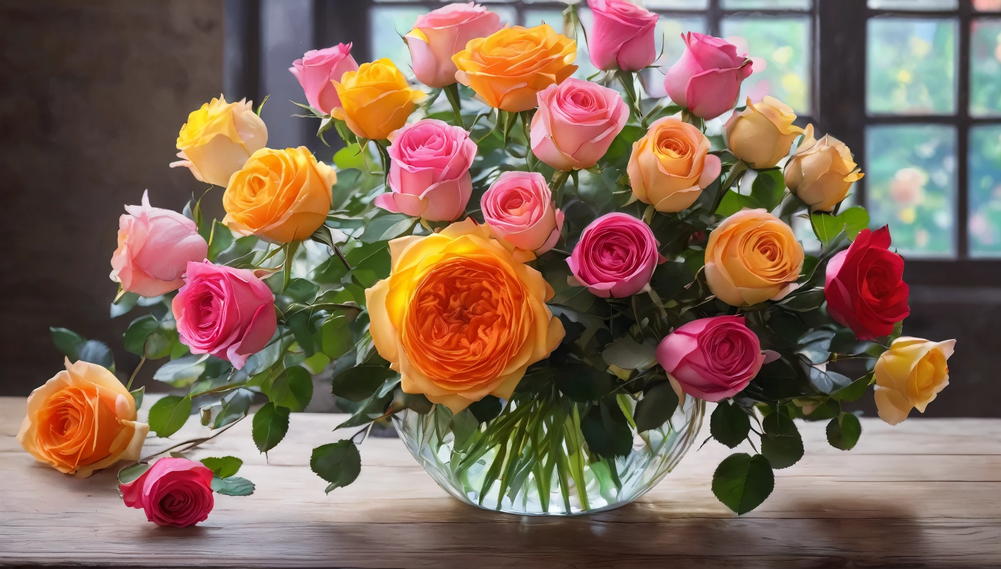 玻璃花瓶中精美细致且art placement的玫瑰花, a huge bouquet of roses, colorful flowers, art placement, Vibrant composition, natural beauty, Stunningly detailed scenes, Wide-angle lens, bright soft diffused light, glow, bright colors, Flowers of different colors, number, concept art, complex, Very detailed, Volumetric lighting, masterpiece, surrounded by a large bouquet of roses, translucent watercolor, high detail, draw well, fine details, high detail, filigree, translucent, brightness, pastel colors, sharp focus, Studio photos, complex details, Very detailed, On a funny wooden table, The background is a window, bright colors, sharp focus, high contrast, high dynamic range, sharp edge
