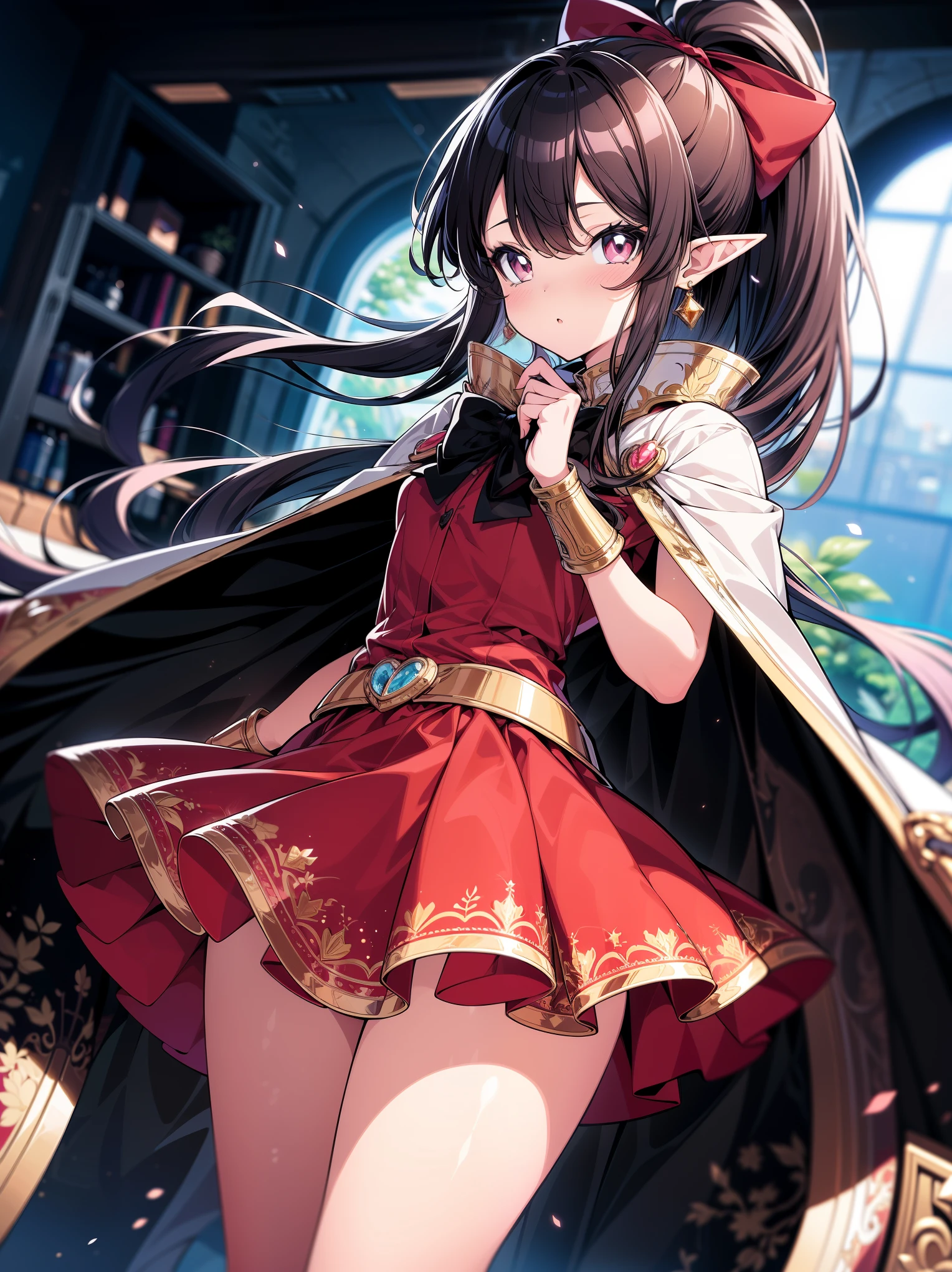 (masterpiece), (cowboy shot), (best quality, ultra-high resolution, depth of field:1.2), (perfect anatomy), Fair skin, Elf girl, pink eyes, black hair in a hime hairstyle, ponytail, pink bow, gold earrings, armor, golden armor, (long skirt:1.2), frills, high thighs boots, cape, fantasy scenery