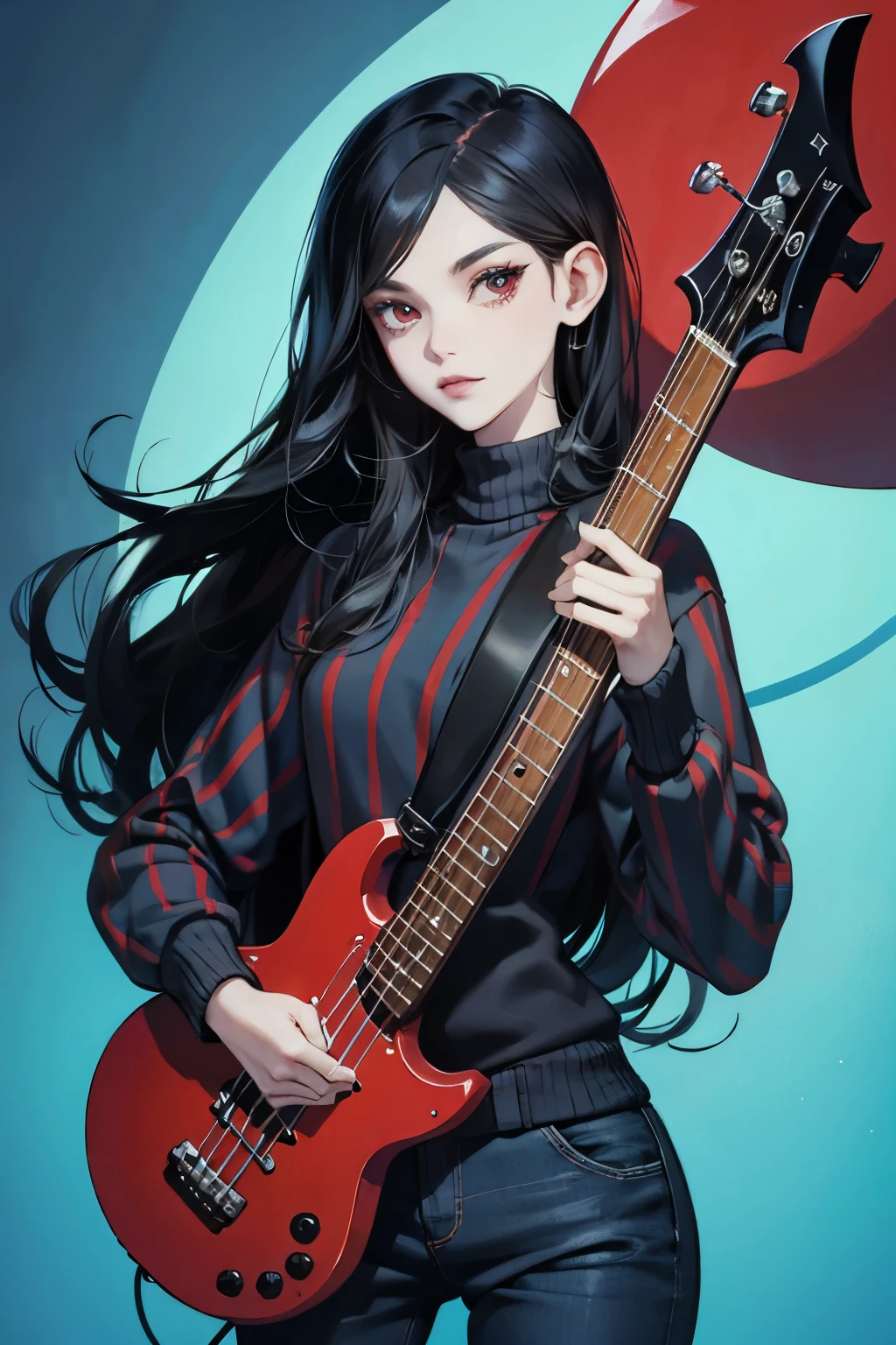 (masterpiece, ultra detailed) ((Marceline)), (adventure time character), ((black eyes)), (playing an axe bass), ((blue skin)), (vampire teeth), ((wearing a red and black striped sweater)), ((wearing pants))