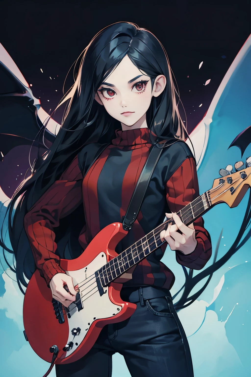 (masterpiece, ultra detailed) ((Marceline)), (adventure time character), ((black eyes)), (playing an axe bass), ((blue skin)), (vampire teeth), ((wearing a red and black striped sweater)), ((wearing pants))