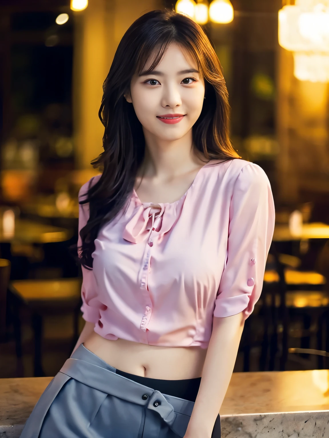 1 girl, (wearing a sexy pink blouse:1.2), short skirt, beautiful japanese actress, (RAW photo, highest quality), (realistic, Photoreal:1.4), masterpiece, very delicate and beautiful, very detailed, 2K wallpaper, wonderful, finely, very detailed CG Unity 8K 壁紙, Super detailed, High resolution, soft light, beautiful detailed girl, very detailed目と顔, beautifully detailed nose, beautiful and detailed eyes, long hair, cinematic lighting, break, (Against the backdrop of a outside the cafe terrace 1.3), city lights, perfect anatomy, slender body, smile, Face the front completely, (look at the camera), (waist shot), (emphasize big breasts), (full body shot),