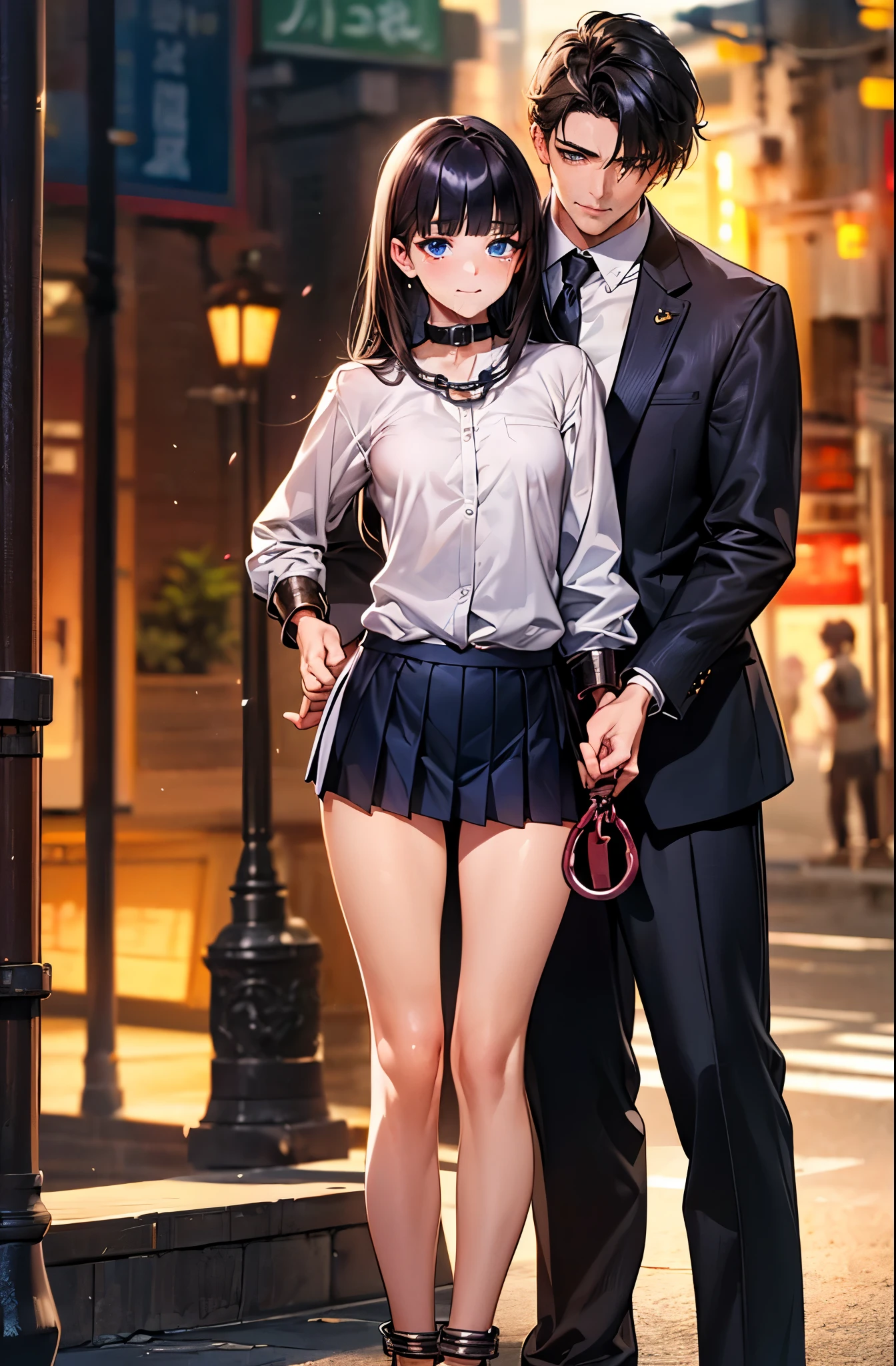 nsfw,((1man and 1woman,hug from behind,standing sex:1.5,vaginal penis)),standing doggystyle,man hugs woman from behind、man&#39;s hand touches woman&#39;s breast:1.5),(25 year old handsome man、black formal suit、black short hair、long bangs、cold smile),    break   ((perfect anatomy:1.2,realistic,:1.3,RAW Photography:1.3,masterpiece、highest quality、Ultra - High resolution、High resolution、Highly detailed CG、8K)),cowboy shot,   break   (1 female,solo,20-year-old,beauty of japan,beautiful detailed face and eyes,big and gorgeous eyes),dark blue eyes,(black hair,long hair,blunt bangs),(medium breasts,slender body,small head:1.4, skinny), glowing skin,oily skin,standing,arms behind back,((shackles:1.5)),((white shirt with collar,long sleeve,navy pleated mini skirt、lift up skirt,barefoot、loafer shoes)),(cum in vagina)、   bustling street、neon、at night、Tokyo、