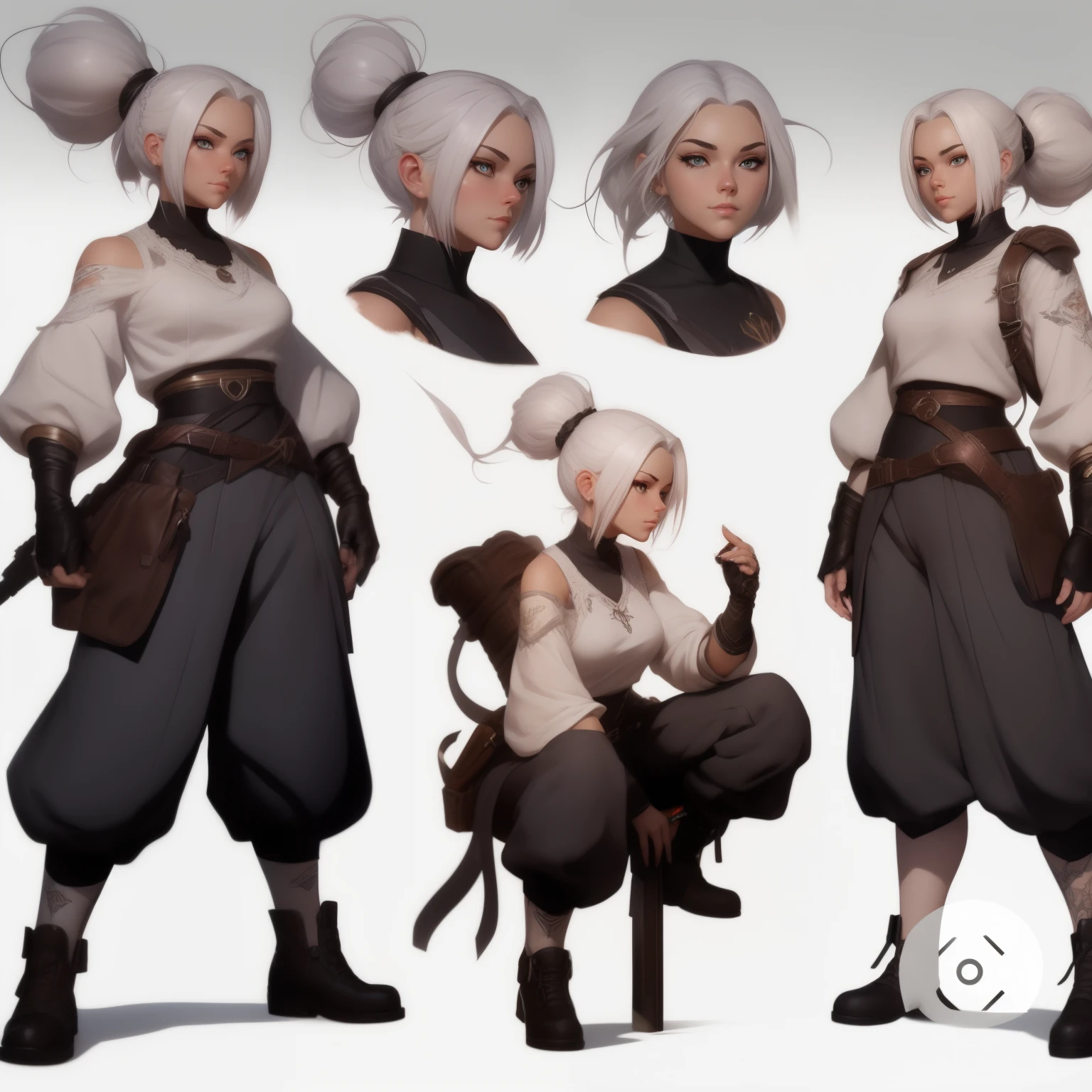 Hyper realistic woman with white hair and a white top, high quality character design, professional character design, inspired by senior character artist, great character design,, interesting character design,detailed character design, very stylized character design, [ character design]