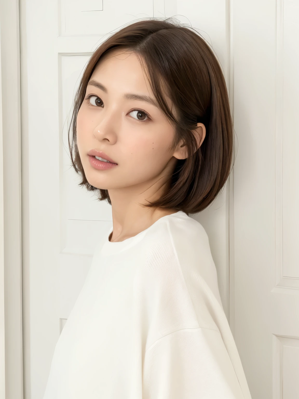 (white wall in the background、Taken in front of the white door:1.4)、table top、((highest quality、8K、masterpiece:1.3))、ultra high resolution、(photogenuineistic:1.4)、Raw photo、Japanese,(face)、genuine、Photographed in natural light、Highly detailed face and skin texture、highly detailed lips、correct state of the human body、shortcut、very short hair、straight hair