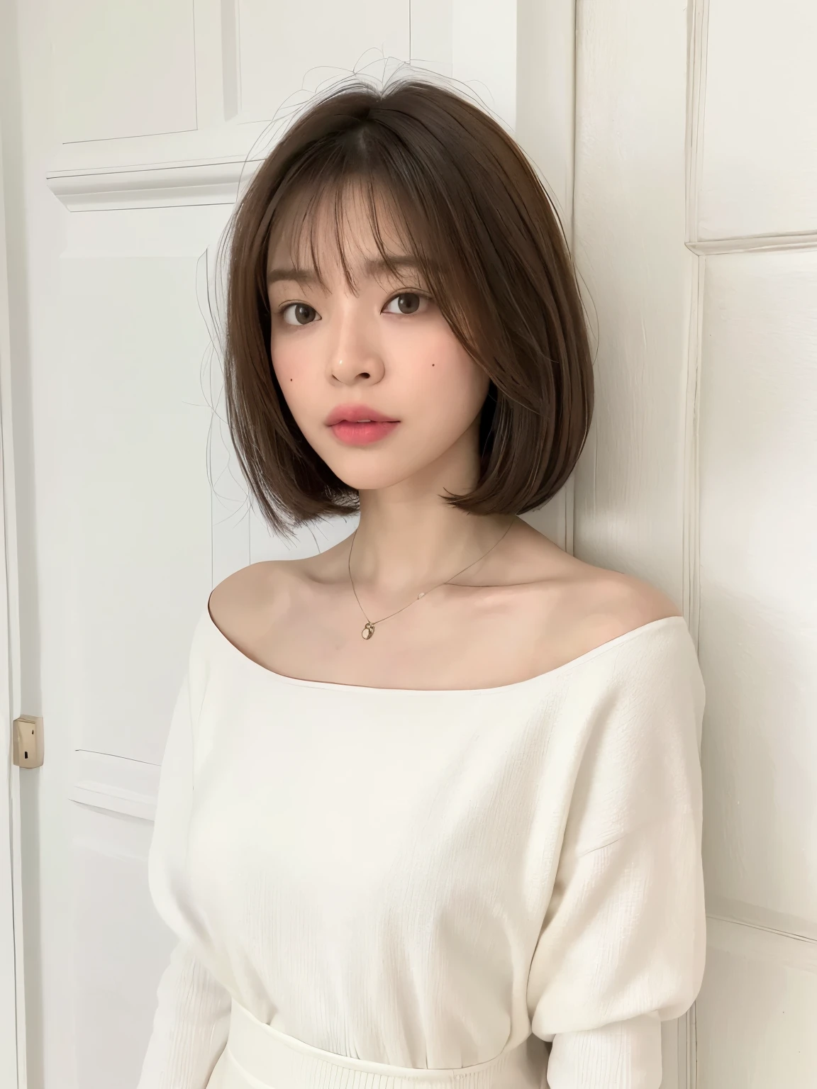 (white wall in the background、Taken in front of the white door:1.4)、table top、((highest quality、8K、masterpiece:1.3))、ultra high resolution、(photogenuineistic:1.4)、Raw photo、Japanese,(face)、genuine、Photographed in natural light、Highly detailed face and skin texture、highly detailed lips、correct state of the human body、shortcut、very short hair、straight hair