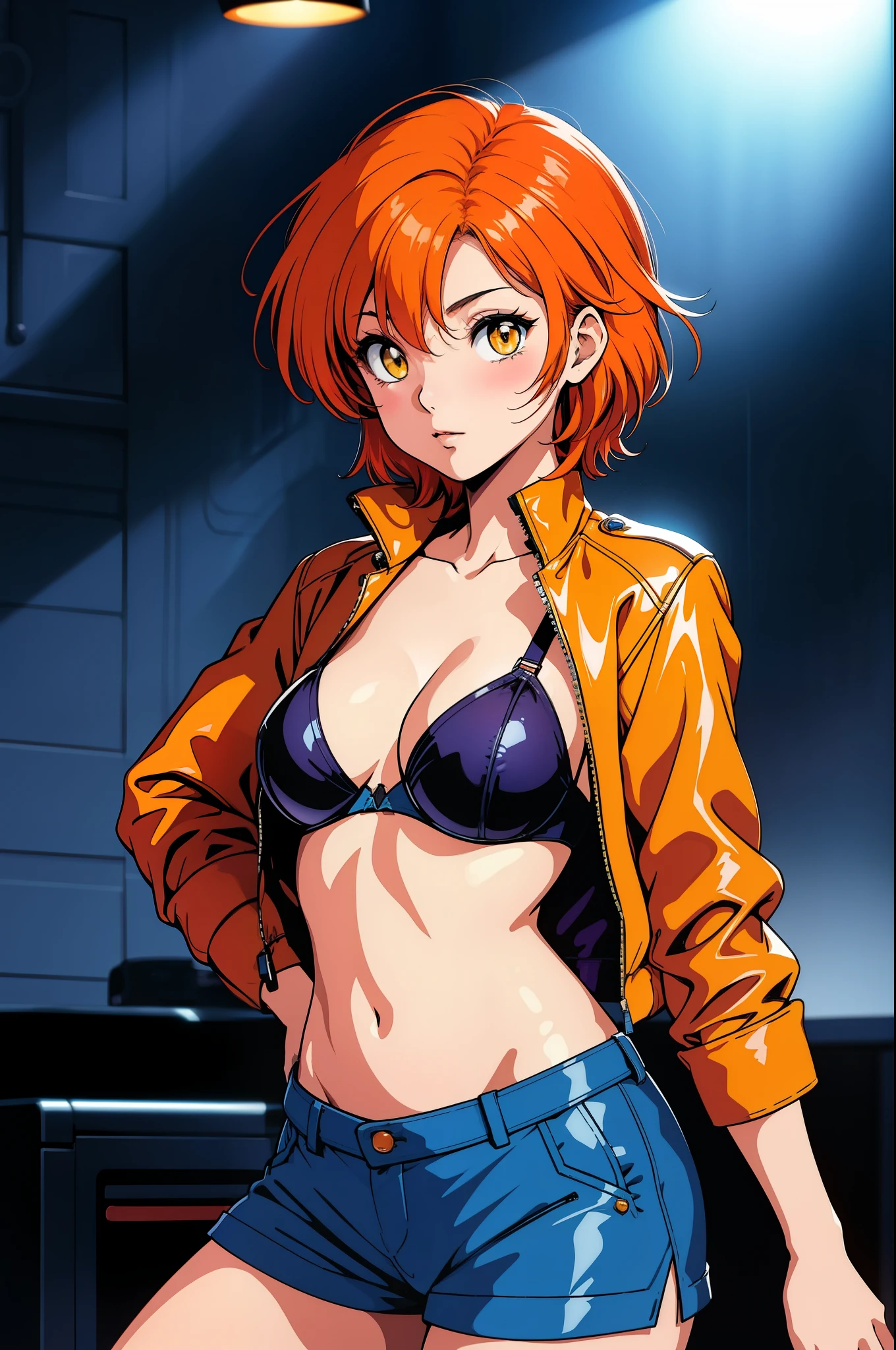 (Masterpiece, Best Quality, High Quality), facing viewer,volumetric lighting, illustration, beautiful, tight , Blushing, looking at viewer, blue leather bra top, blue leather small jacket, blue leather shorts,solo, posing for picture, seductive, perfect lighting, perfect shadows,Hoshizora rin, orange hair, yellow eyes ,1980s \(style\), small breasts 