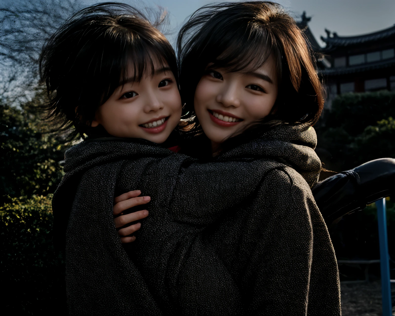 A 35-year-old woman with a short bob holding a baby in a baby carrier at a park with play equipment, with a boy , an asian women, korean woman, a young asian women, Chinese female, beautiful south korean woman, she is smiling and excited, asian women, immigrant mother, asian women, she is smiling and happy, smile happily at the camera, chinese girl, maternal, asian young girl,blue sky,Sunny