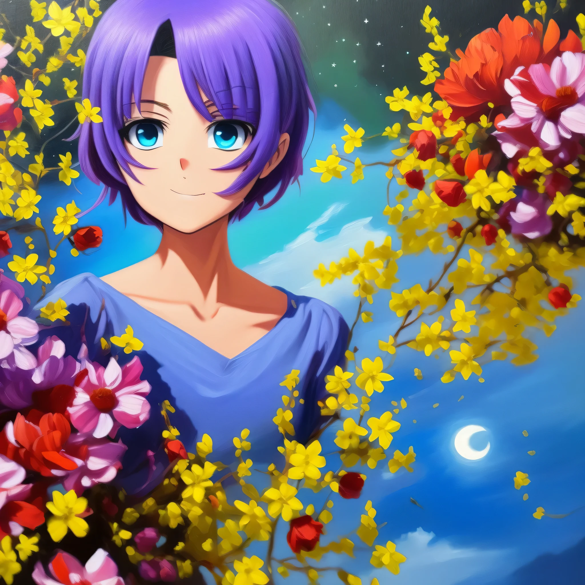 Close-up shot, an Anime wearing a white glass , standing on the land,night view ,Many stars on the night sky,The Milky Way ,colorful flowers,headshot close-up, oil painting style, very obvious oil painting strokes, impressionist palette style, 32k uhd, beautiful, booru, Old time, color cartoon --ar 3:4 --