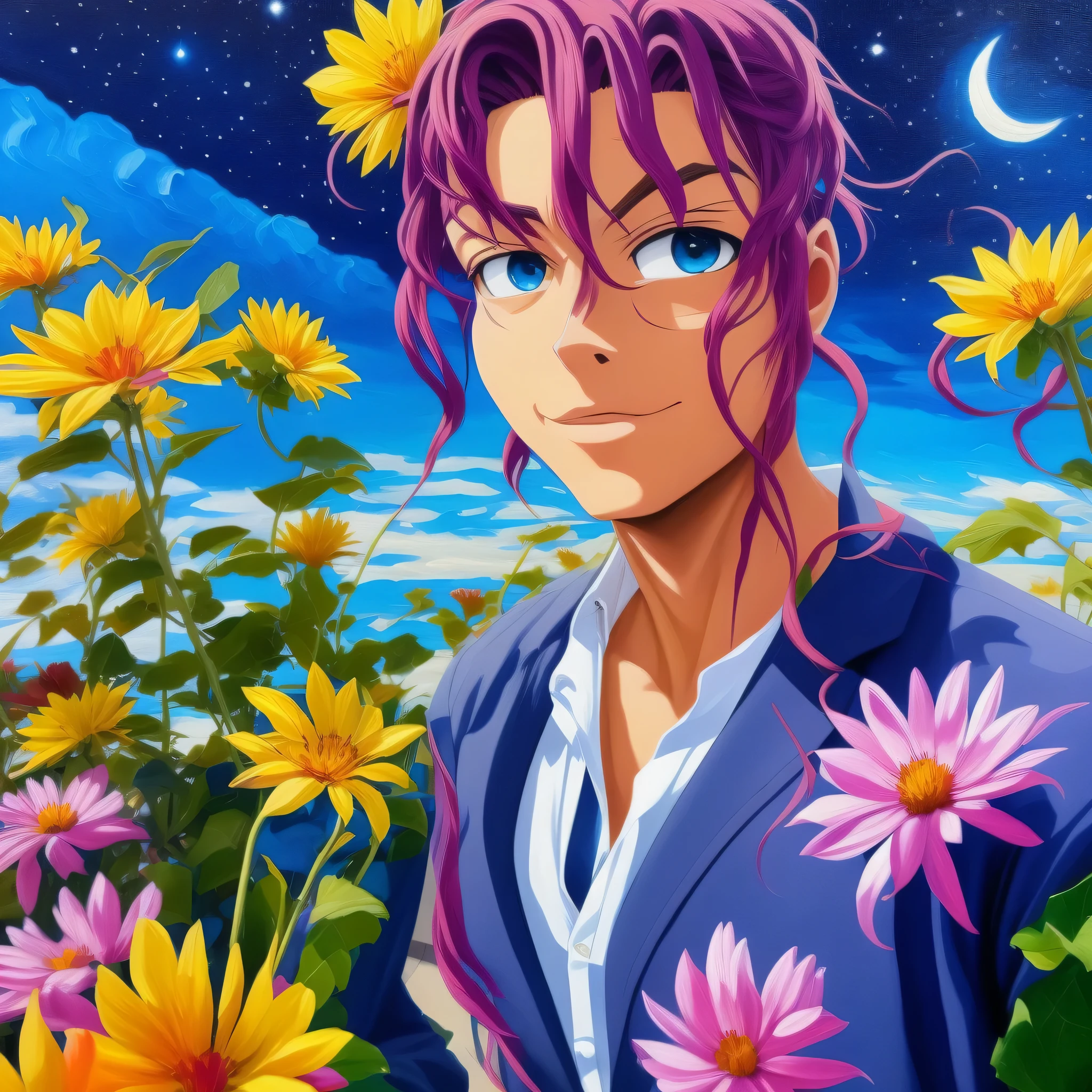 Close-up shot, an Anime wearing a white glass , standing on the land,night view ,Many stars on the night sky,The Milky Way ,colorful flowers,headshot close-up, oil painting style, very obvious oil painting strokes, impressionist palette style, 32k uhd, beautiful, booru, Old time, color cartoon --ar 3:4 --