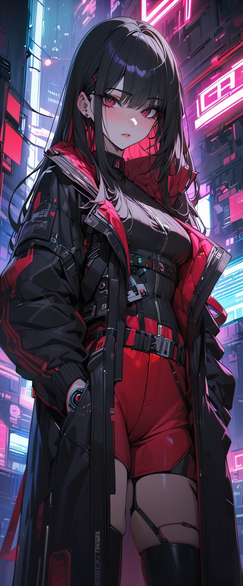 a pretty woman, longhair, belt, black hair, black long coat, dark red eyes, cyberpunk, cool, ultra detailed, 8k, masterpiece