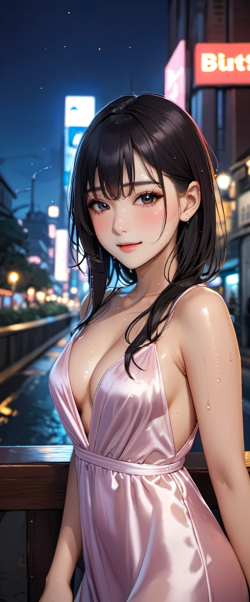 woman,20-year-old,,city,night,(((sexy silk dresses))),,closed mouth smile,((black hair)),blush,(wet with sweat)